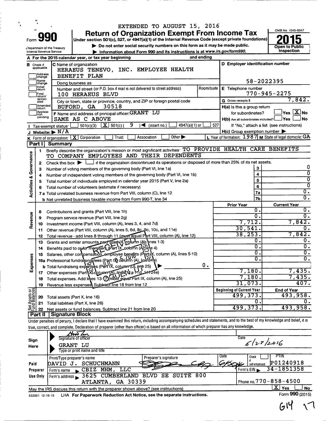 Image of first page of 2015 Form 990O for Heraeus Tenevo Employee Health Benefit Plan