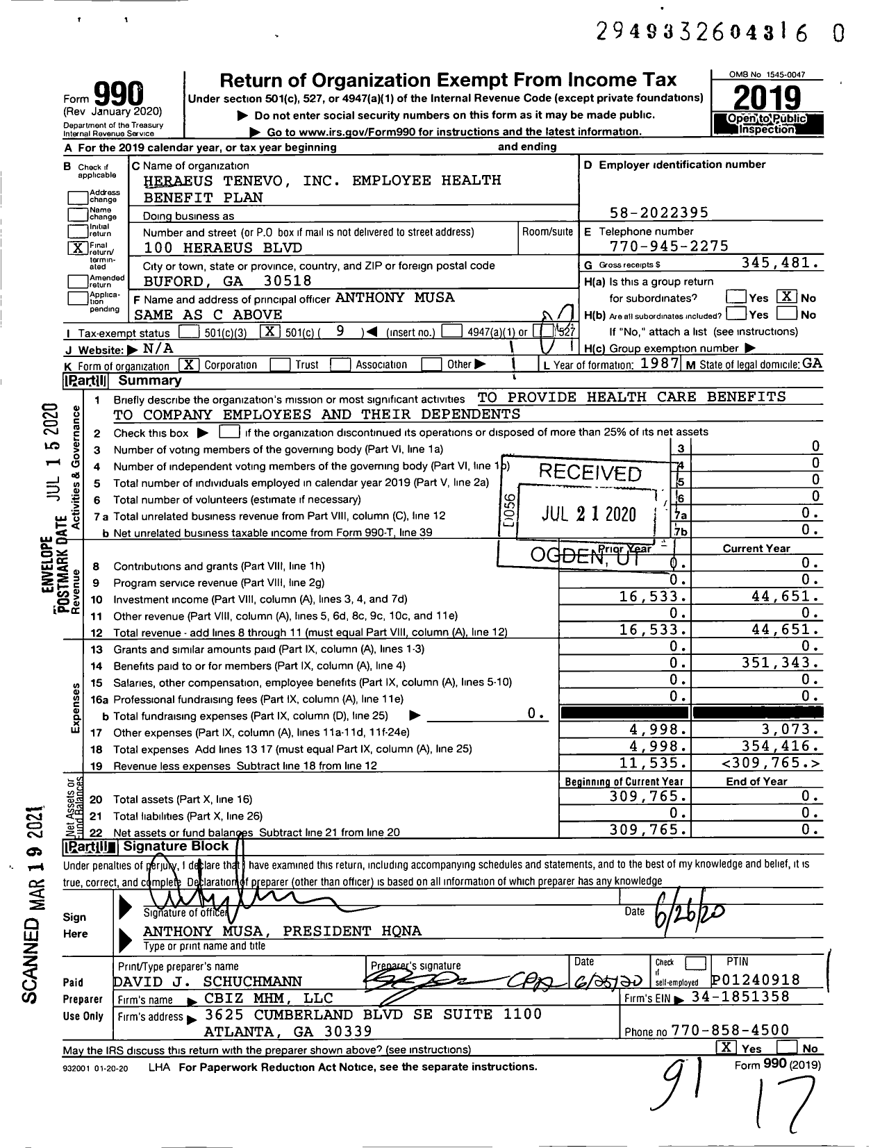 Image of first page of 2019 Form 990O for Heraeus Tenevo Employee Health Benefit Plan