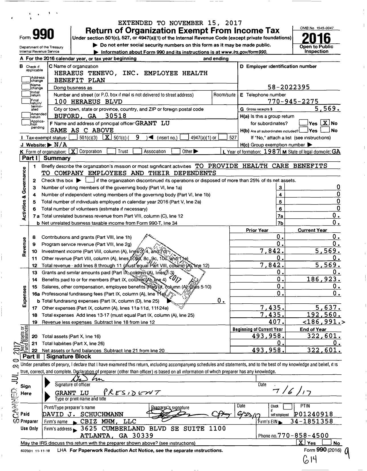 Image of first page of 2016 Form 990O for Heraeus Tenevo Employee Health Benefit Plan