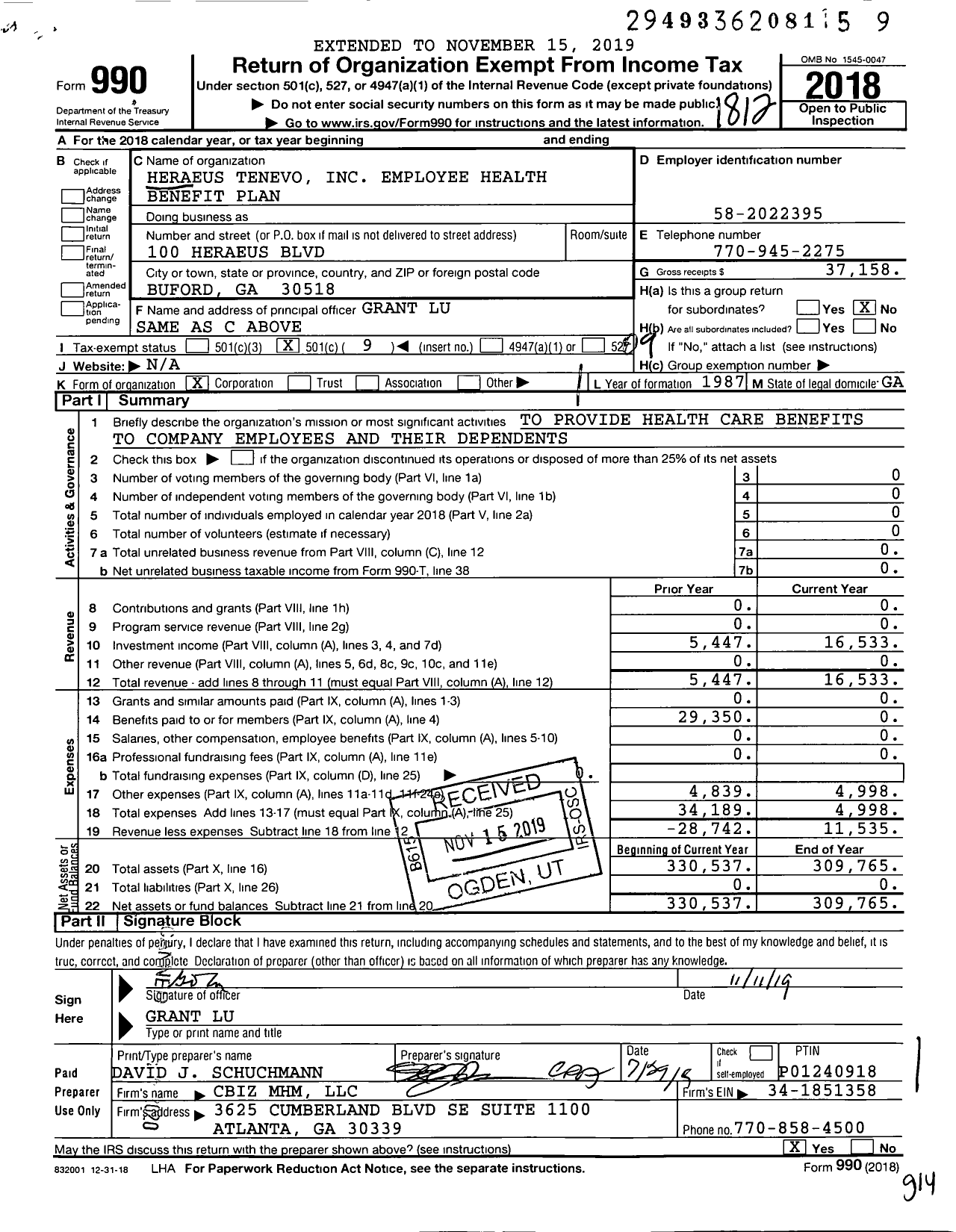 Image of first page of 2018 Form 990O for Heraeus Tenevo Employee Health Benefit Plan