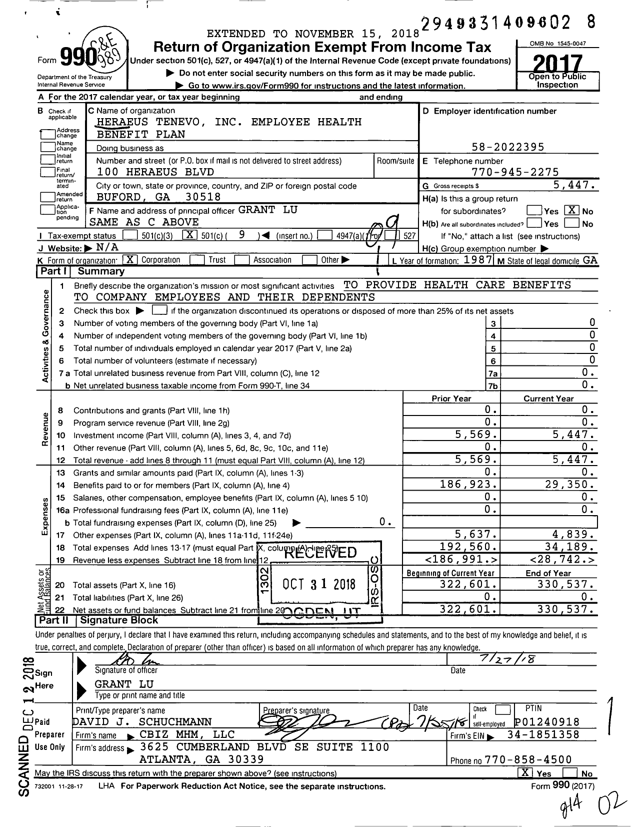 Image of first page of 2017 Form 990O for Heraeus Tenevo Employee Health Benefit Plan