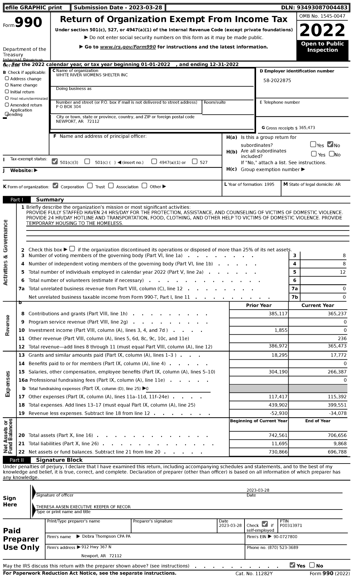 Image of first page of 2022 Form 990 for White River Womens Shelter