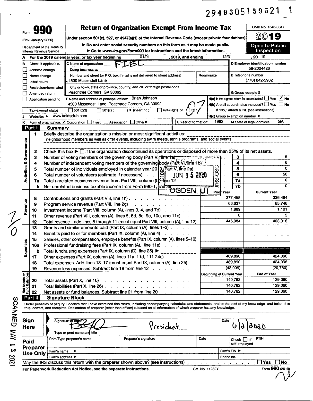 Image of first page of 2019 Form 990O for Fields Swim and Tennis Club