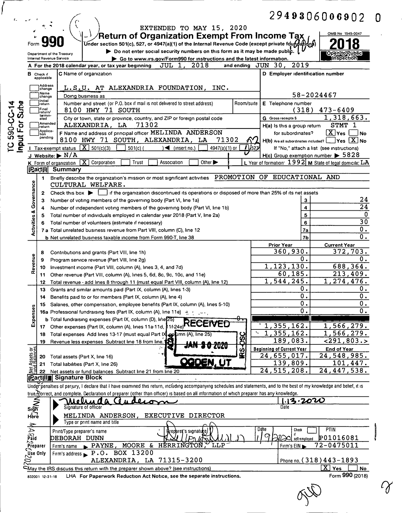 Image of first page of 2018 Form 990 for Louisiana State University at Alexandria Foundation