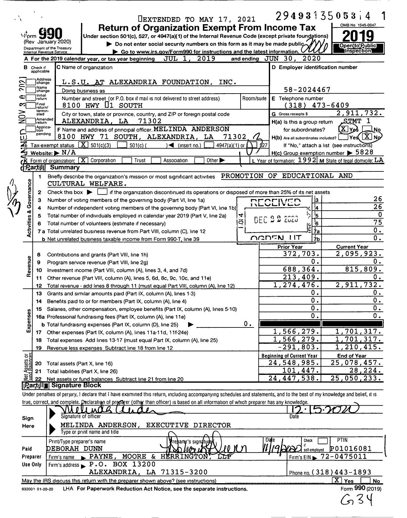 Image of first page of 2019 Form 990 for Louisiana State University at Alexandria Foundation