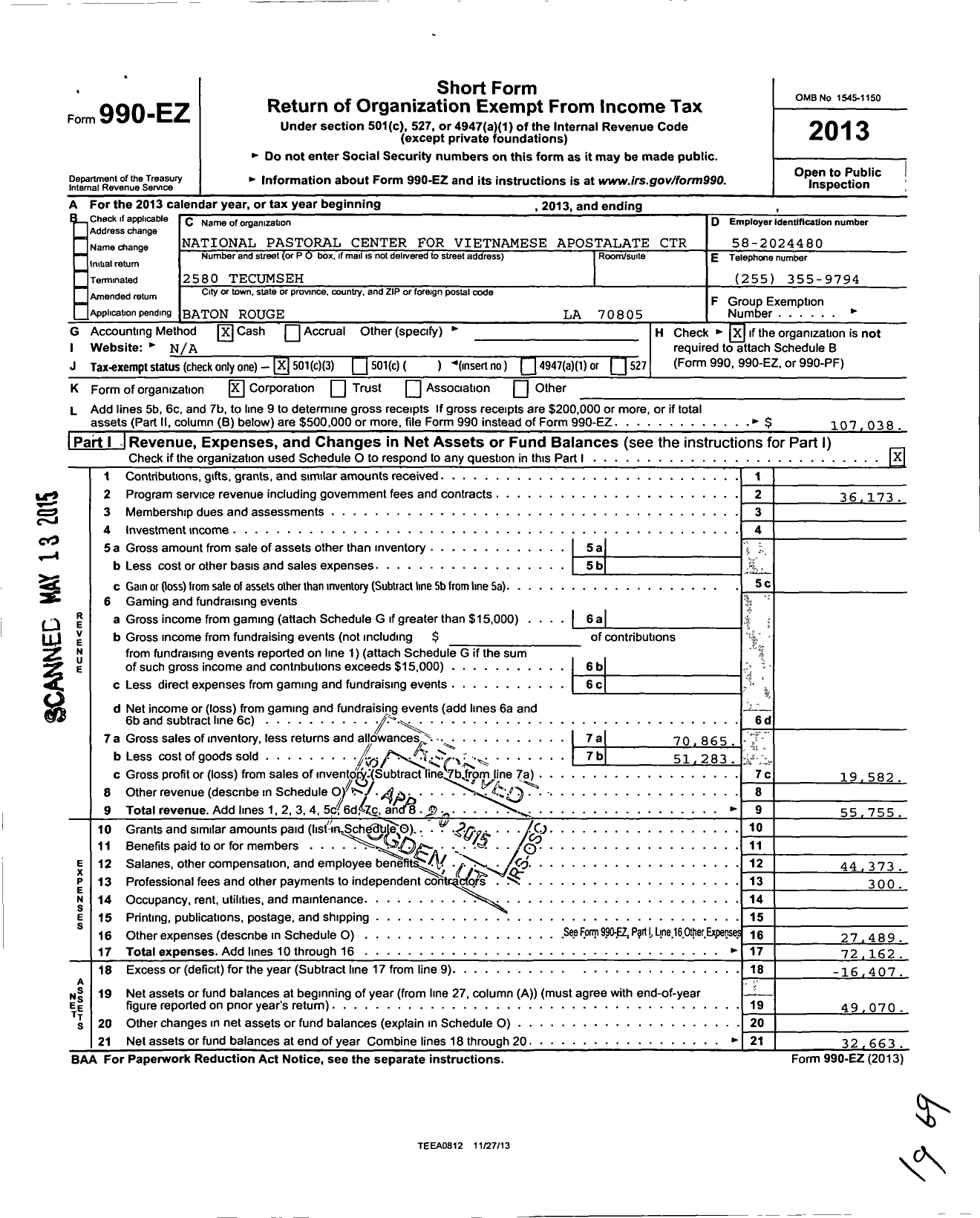 Image of first page of 2013 Form 990EZ for National Pastoral Center for Vietnamese Apostalate Center