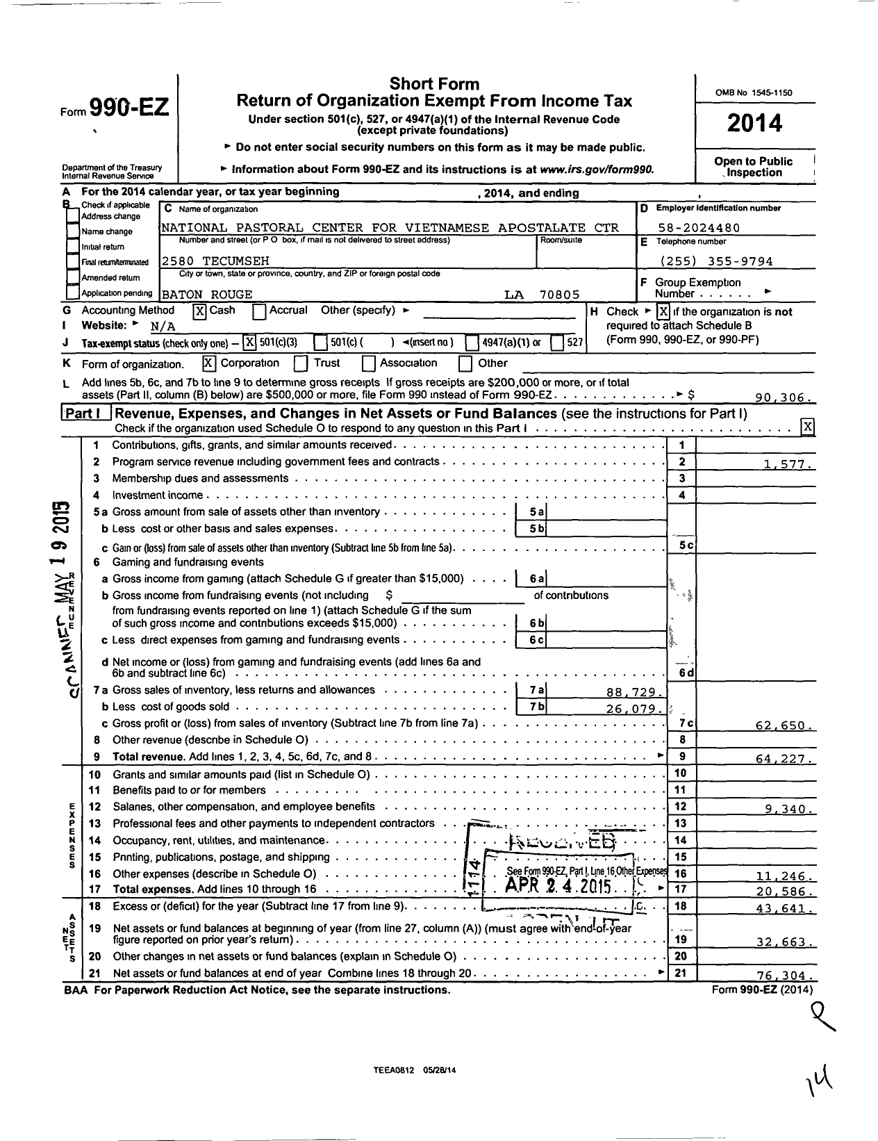 Image of first page of 2014 Form 990EZ for National Pastoral Center for Vietnamese Apostalate Center