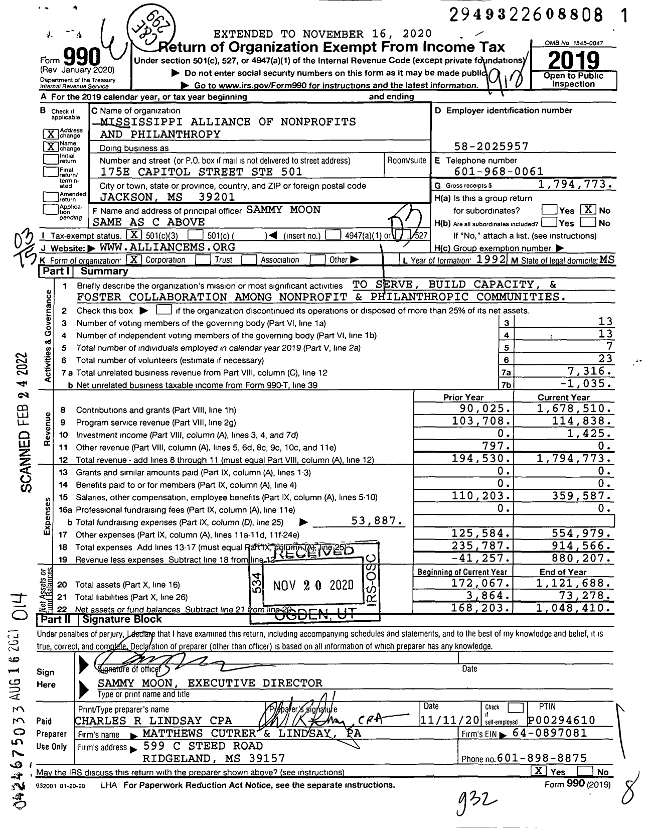 Image of first page of 2019 Form 990 for Mississippi Alliance of Nonprofits and Philanthropy