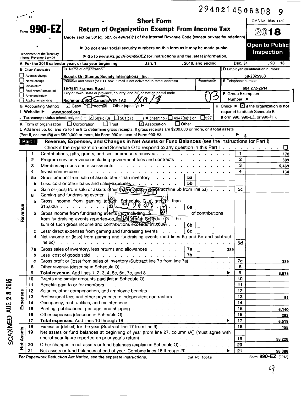 Image of first page of 2018 Form 990EZ for Scouts on Stamps Society International