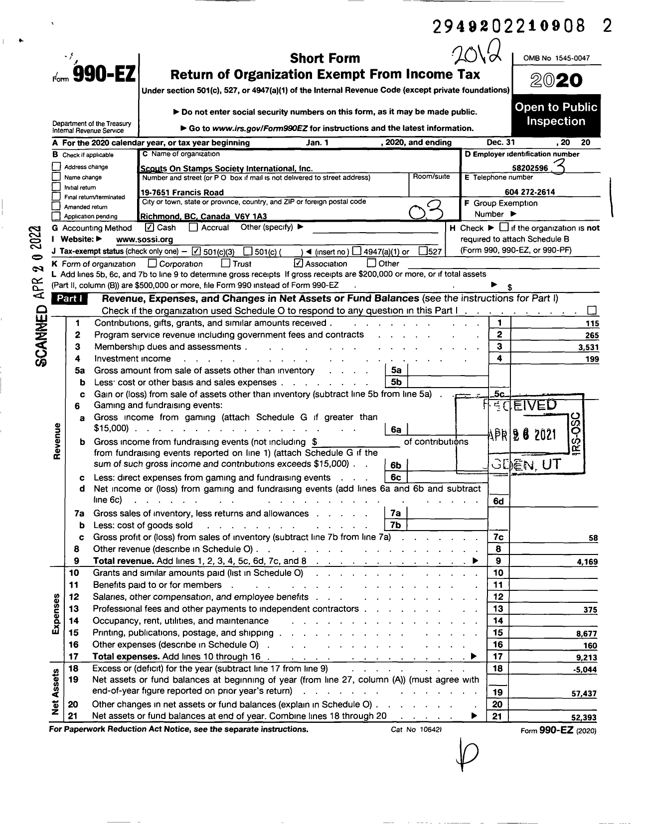 Image of first page of 2020 Form 990EZ for Scouts on Stamps Society International