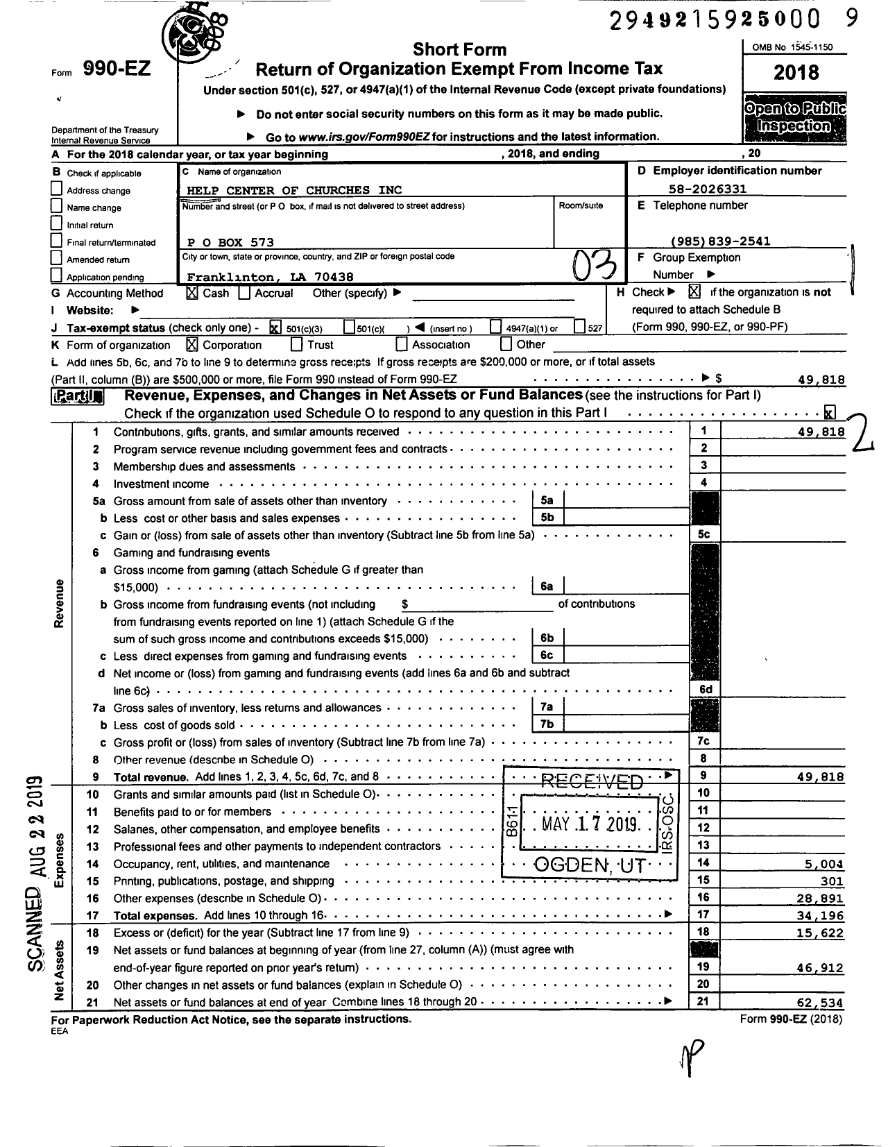 Image of first page of 2018 Form 990EZ for Help Center of Churches