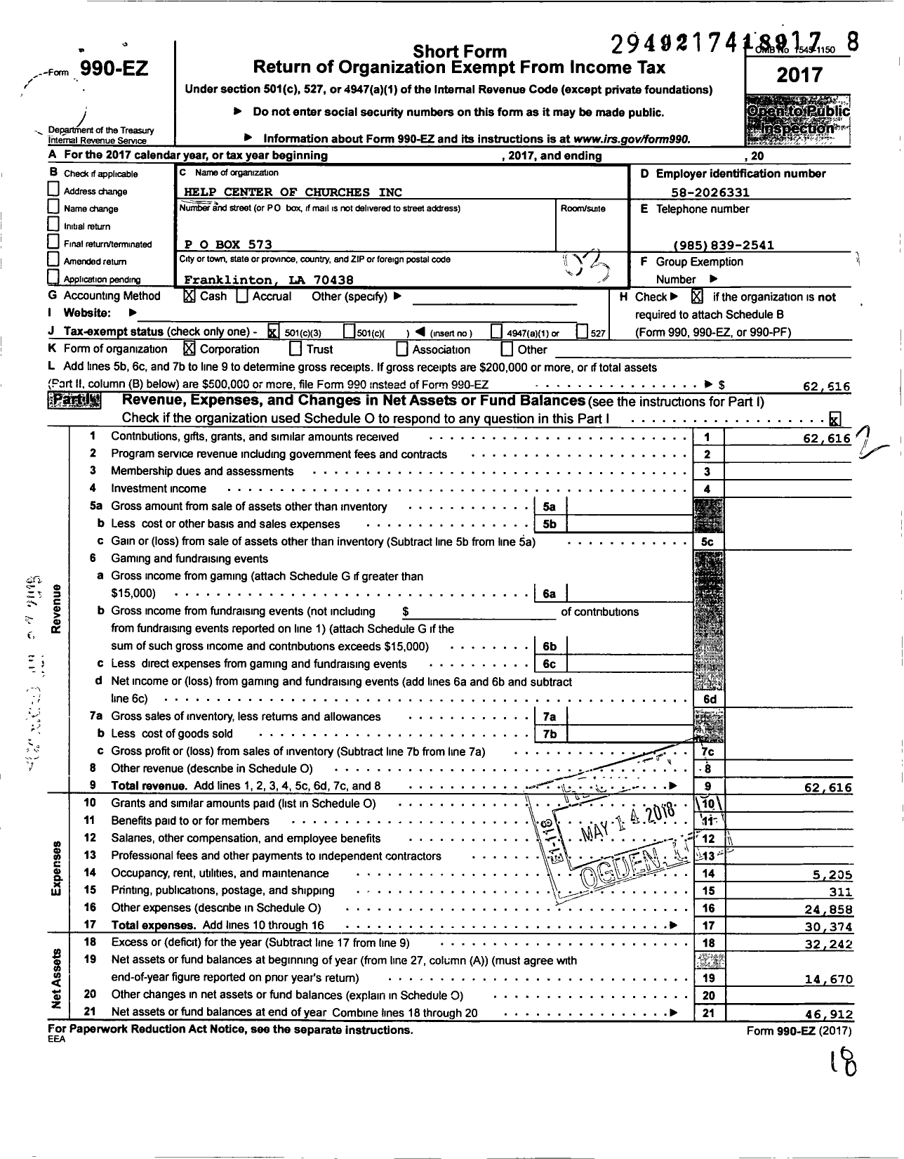 Image of first page of 2017 Form 990EZ for Help Center of Churches