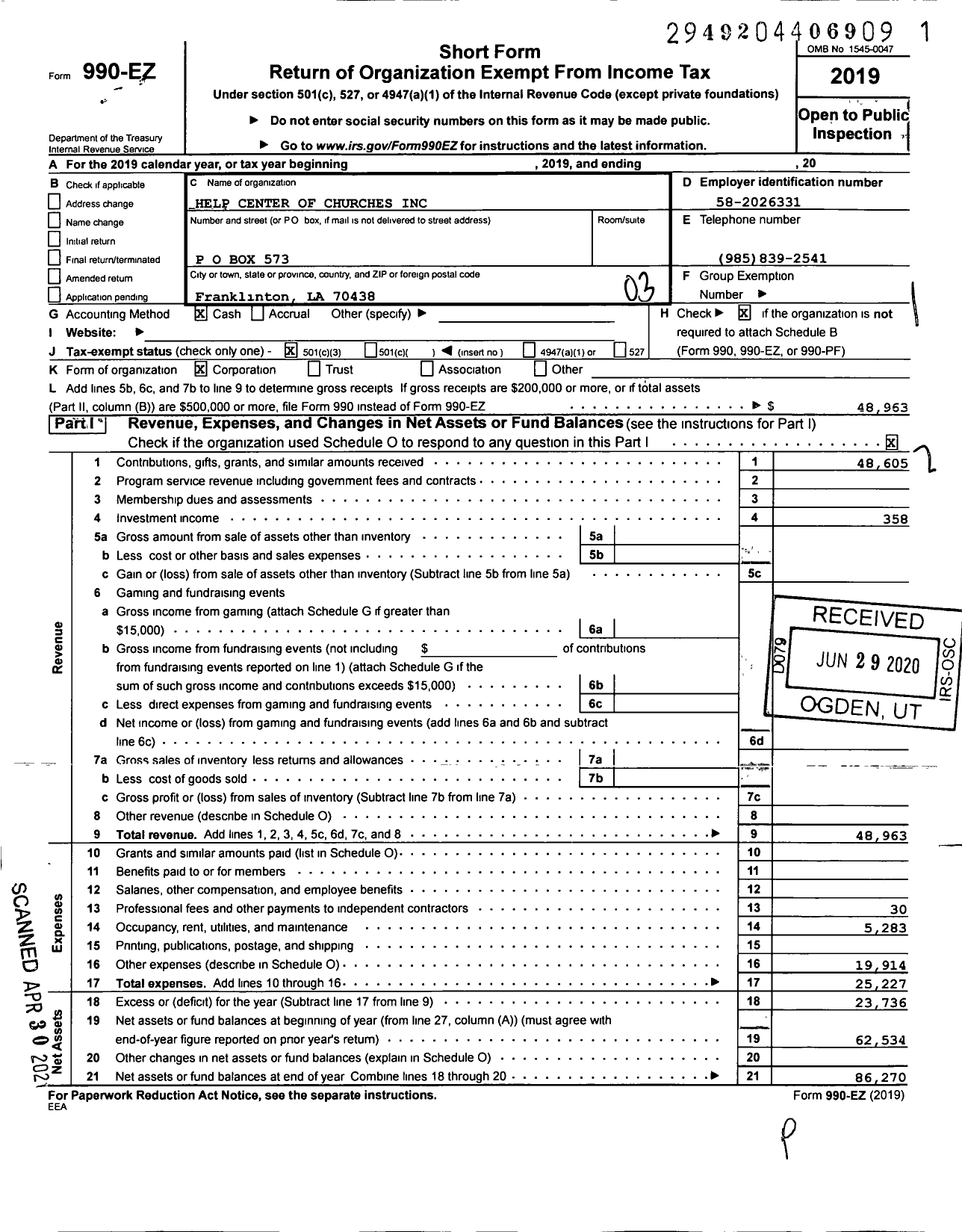 Image of first page of 2019 Form 990EZ for Help Center of Churches