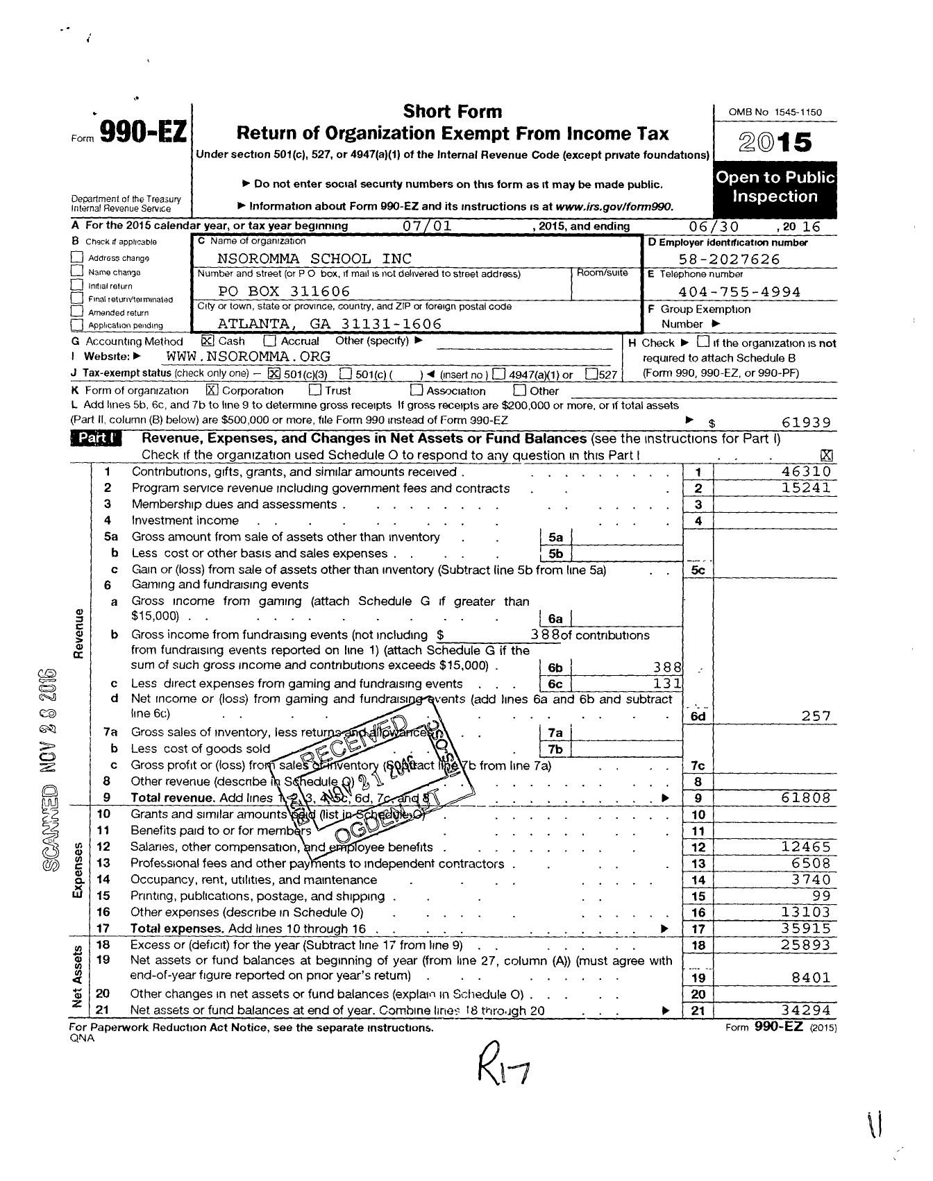 Image of first page of 2015 Form 990EZ for Nsoromma School