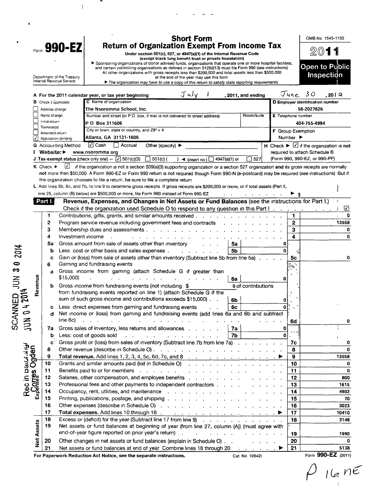 Image of first page of 2011 Form 990EZ for Nsoromma School