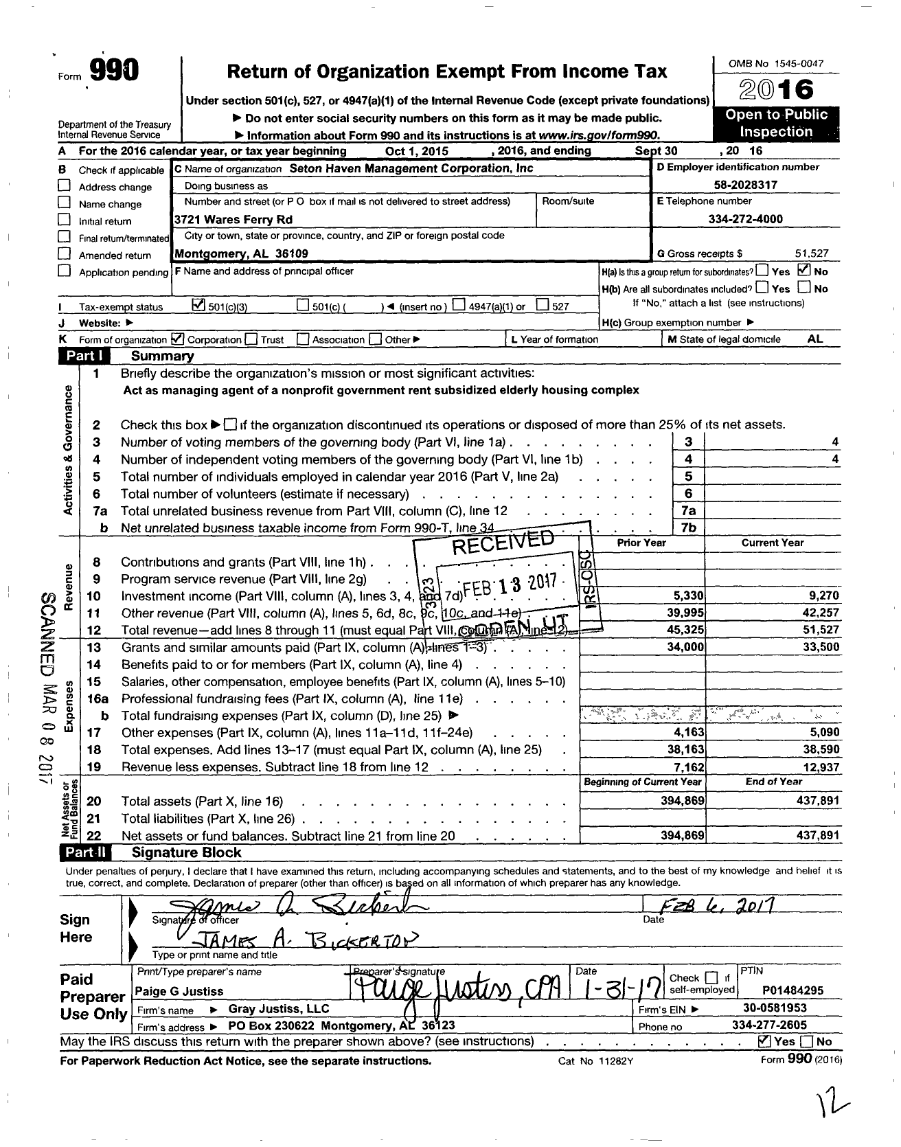 Image of first page of 2015 Form 990 for Seton Haven Management Corporation