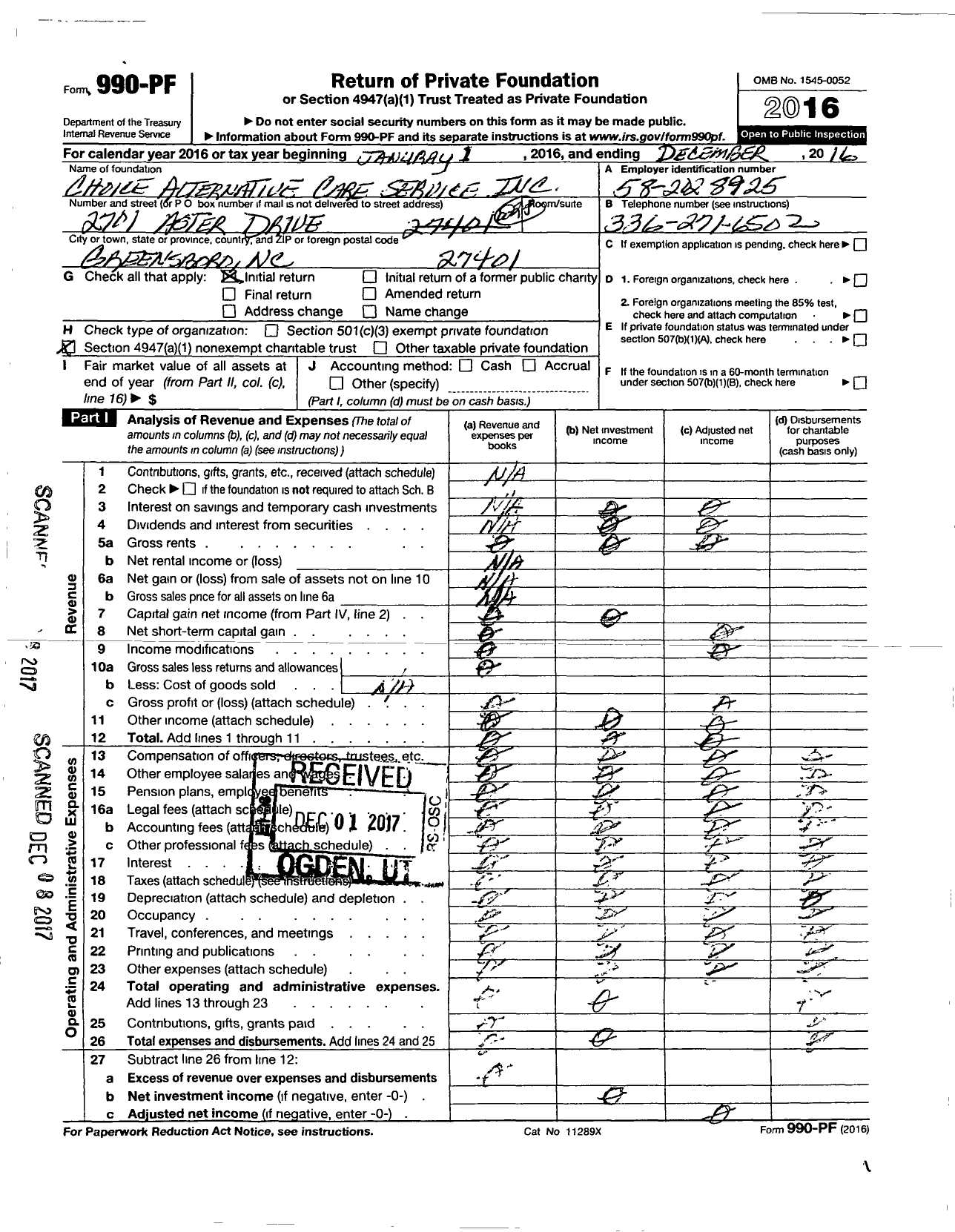 Image of first page of 2016 Form 990PF for Choice Alternative Care Services