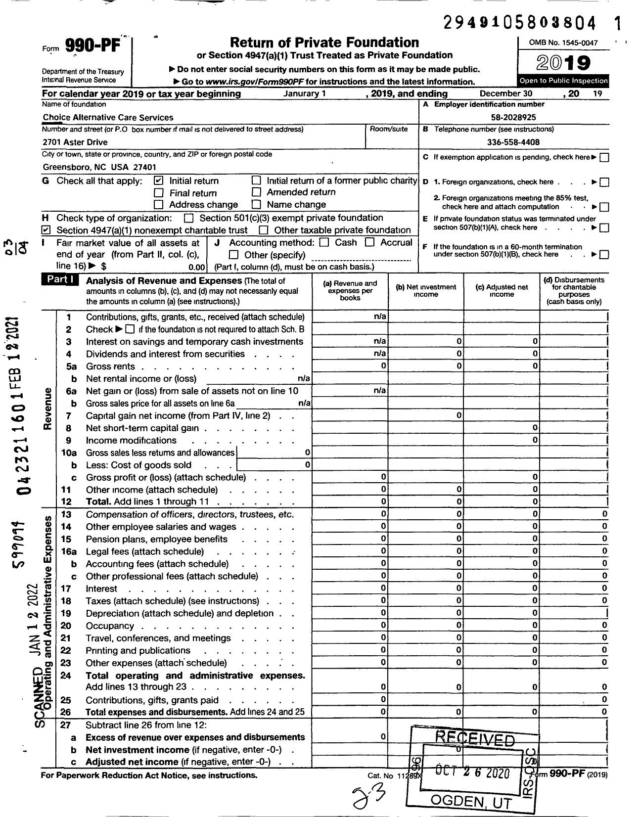 Image of first page of 2019 Form 990PF for Choice Alternative Care Services