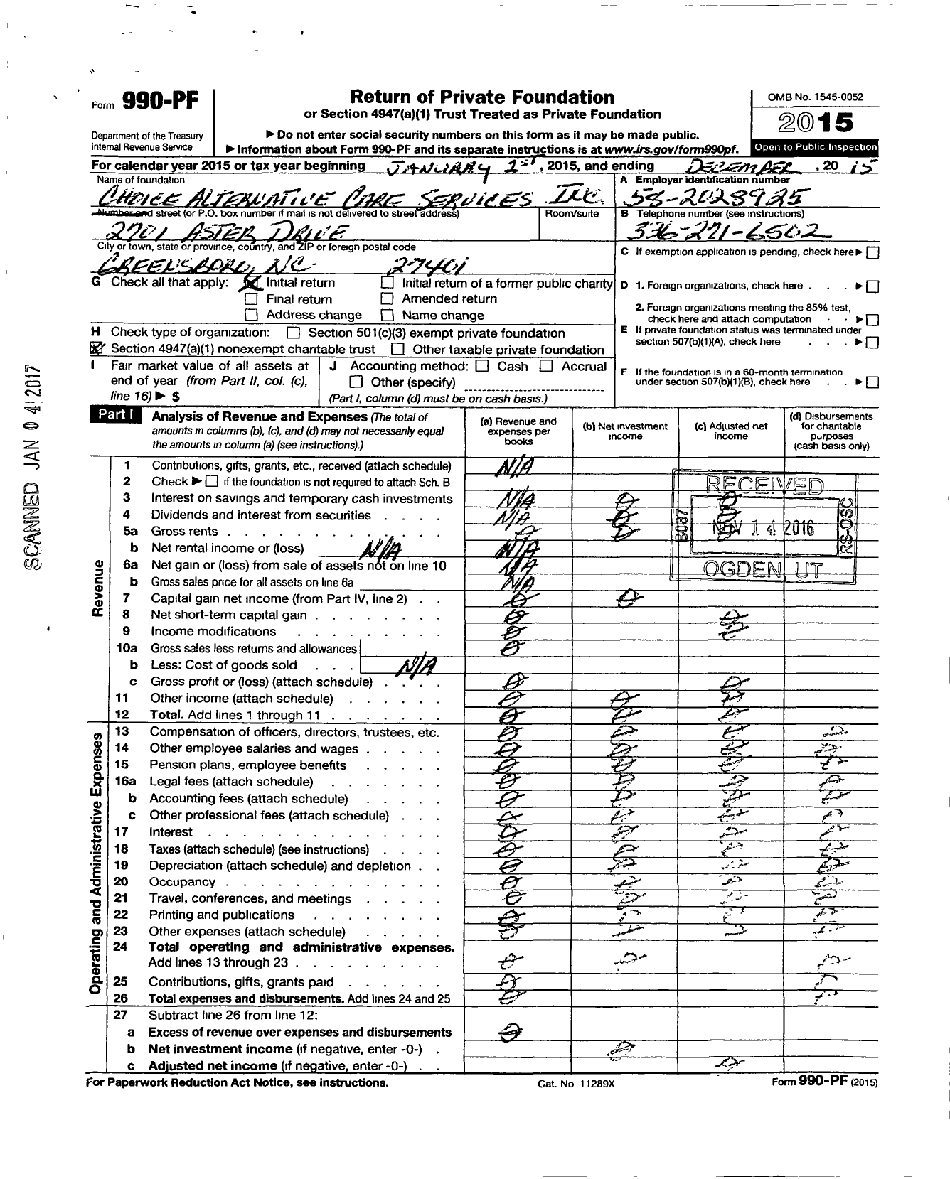 Image of first page of 2015 Form 990PF for Choice Alternative Care Services