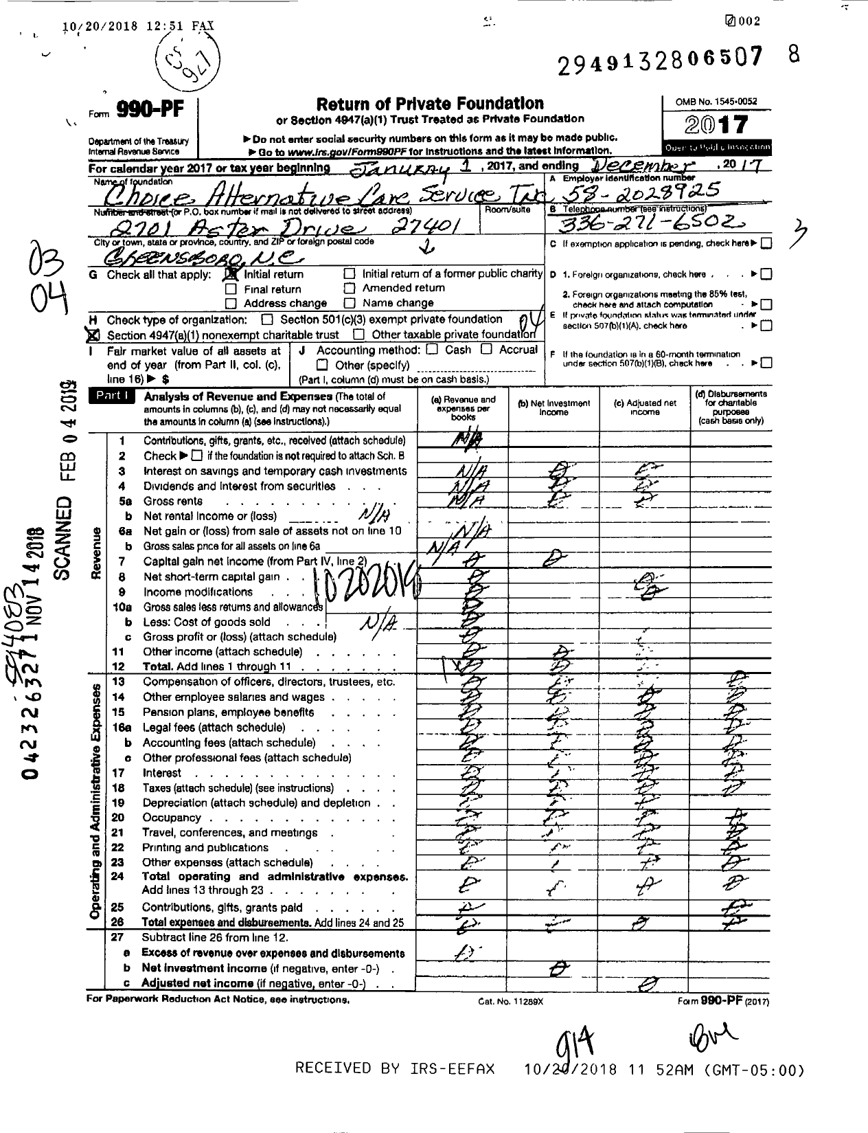 Image of first page of 2017 Form 990PF for Choice Alternative Care Services