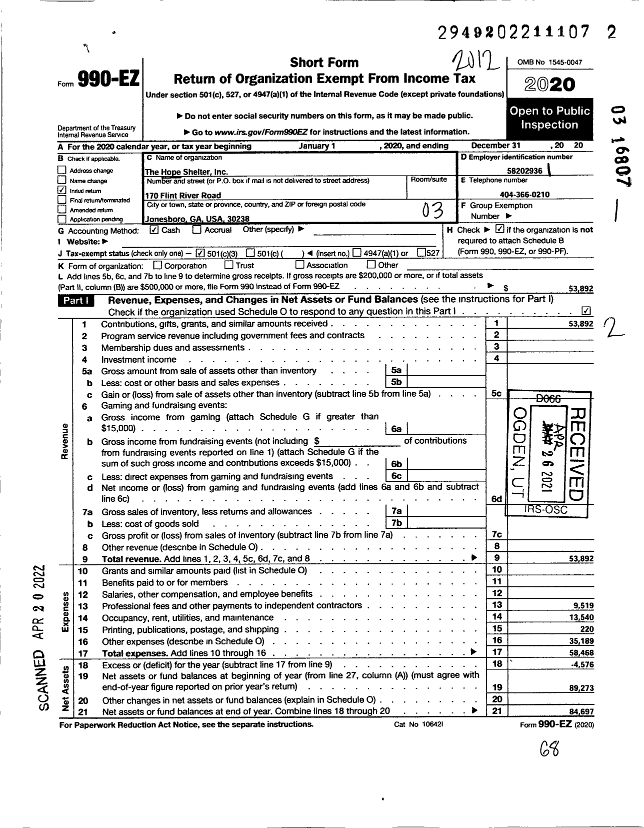 Image of first page of 2020 Form 990EZ for Hope Shelter