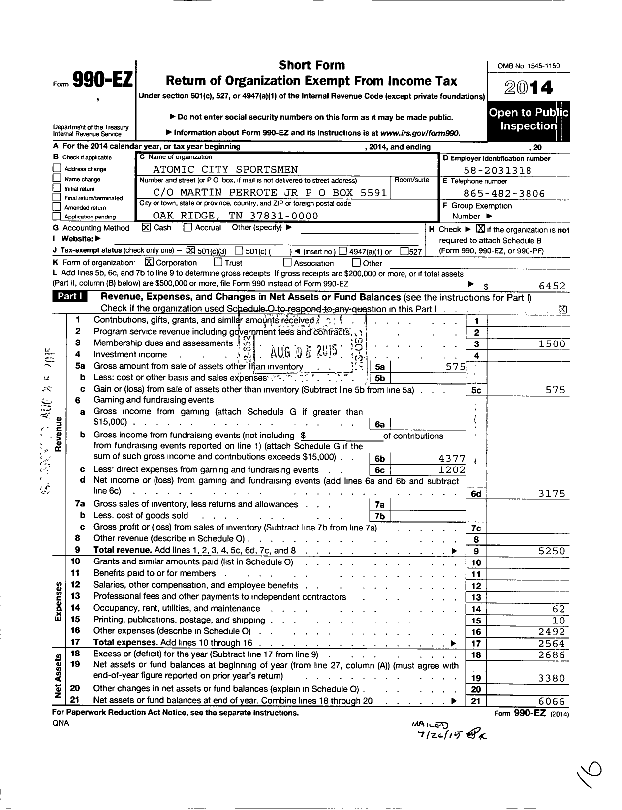 Image of first page of 2014 Form 990EZ for Atomic City Sportsmen