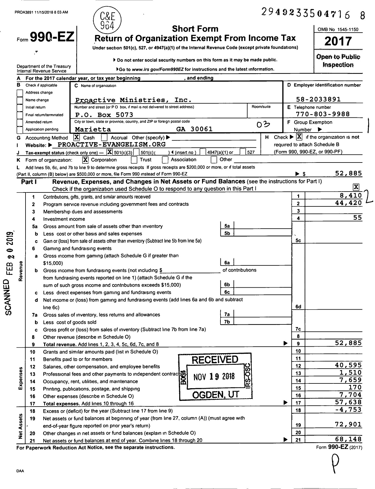 Image of first page of 2017 Form 990EZ for Proactive Ministries