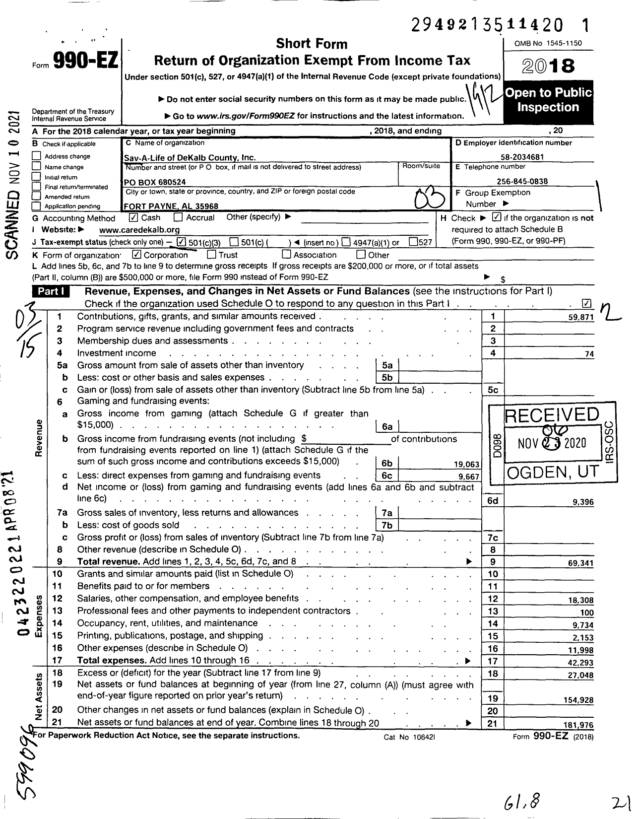 Image of first page of 2019 Form 990EZ for Sav-A-Life of Dekalb County