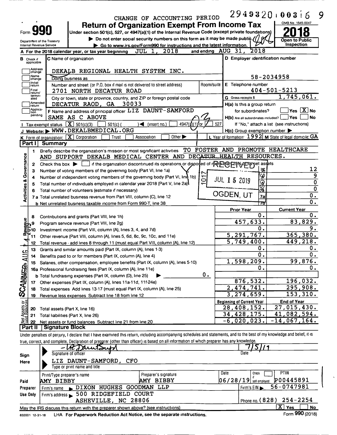 Image of first page of 2017 Form 990 for Dekalb Regional Health System