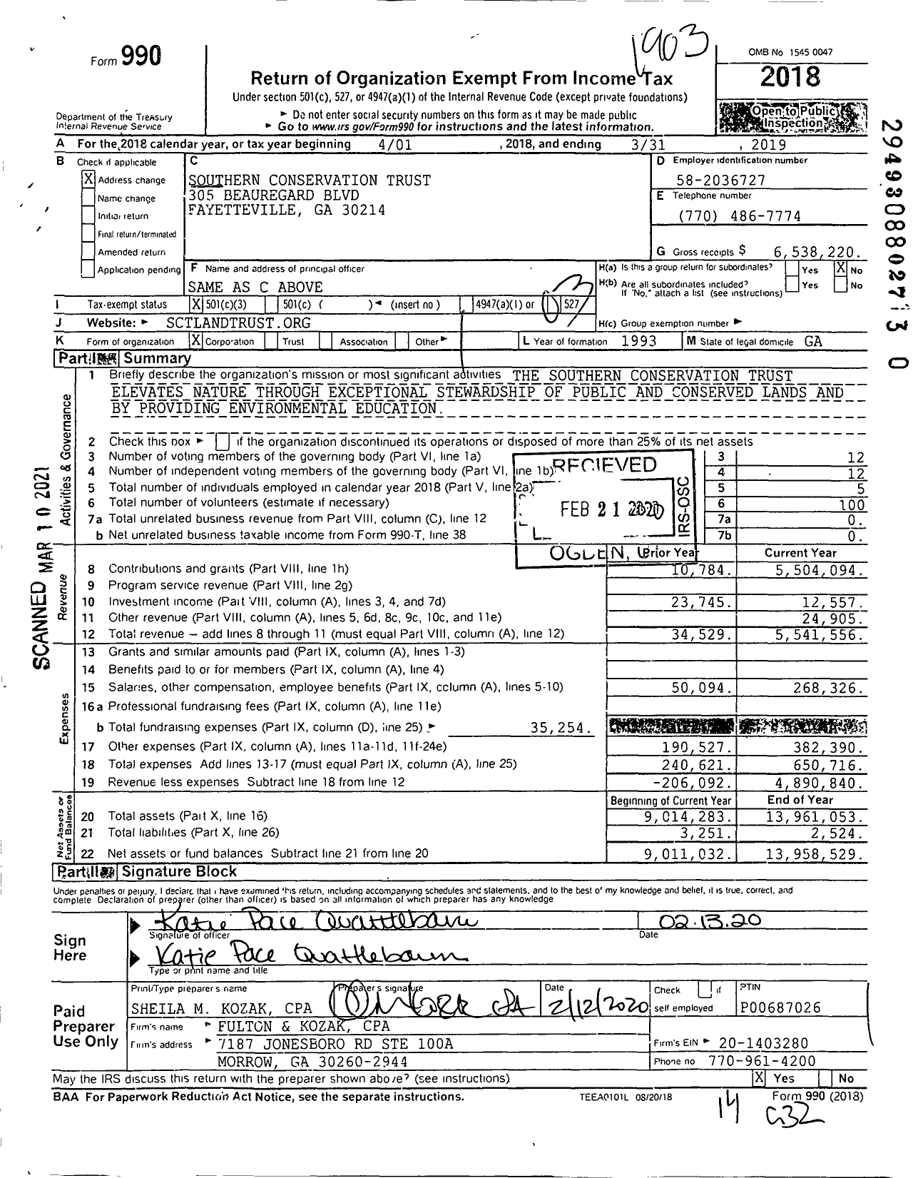 Image of first page of 2018 Form 990 for Southern Conservation Trust