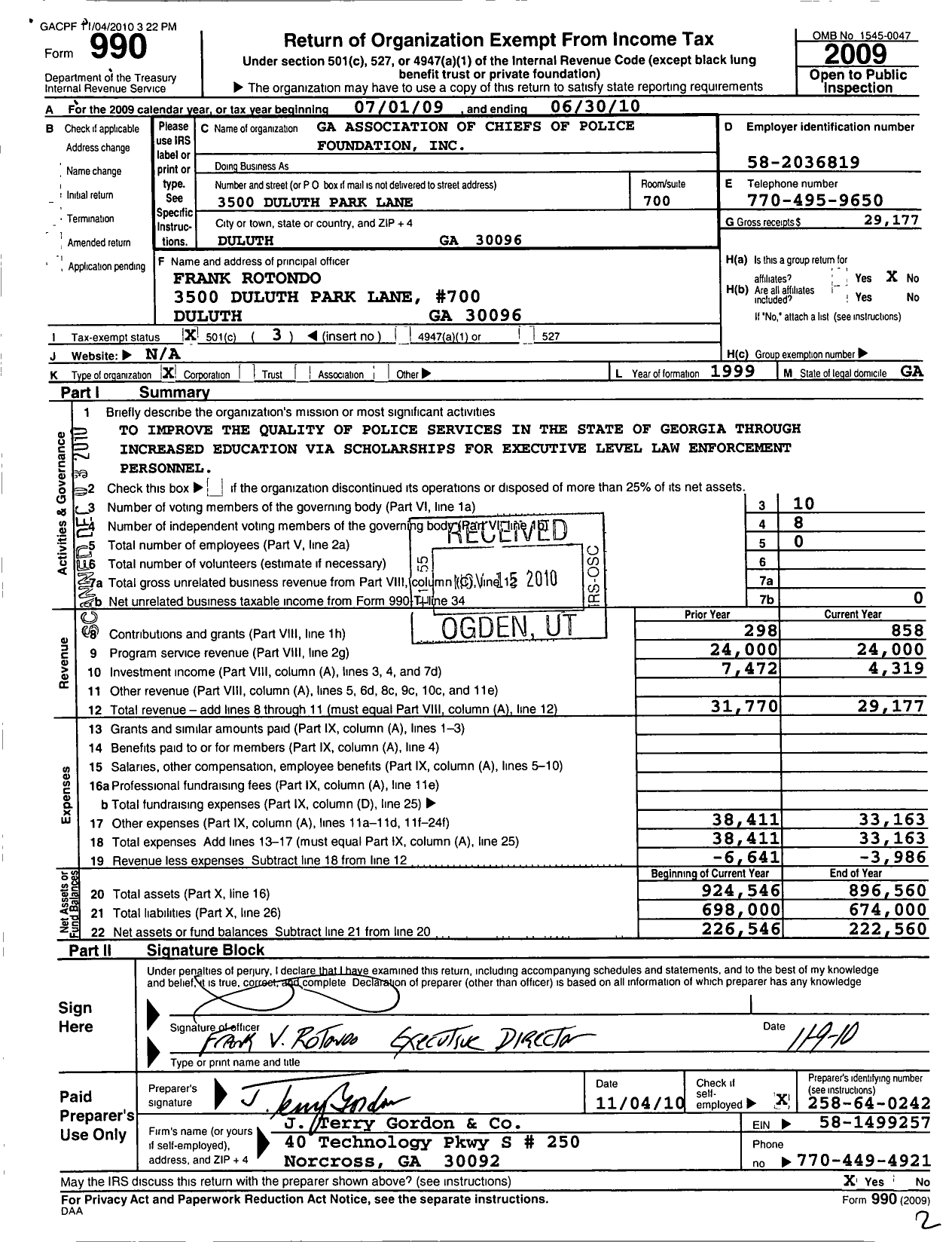 Image of first page of 2009 Form 990 for Georgia Association of Chiefs of Police Foundation