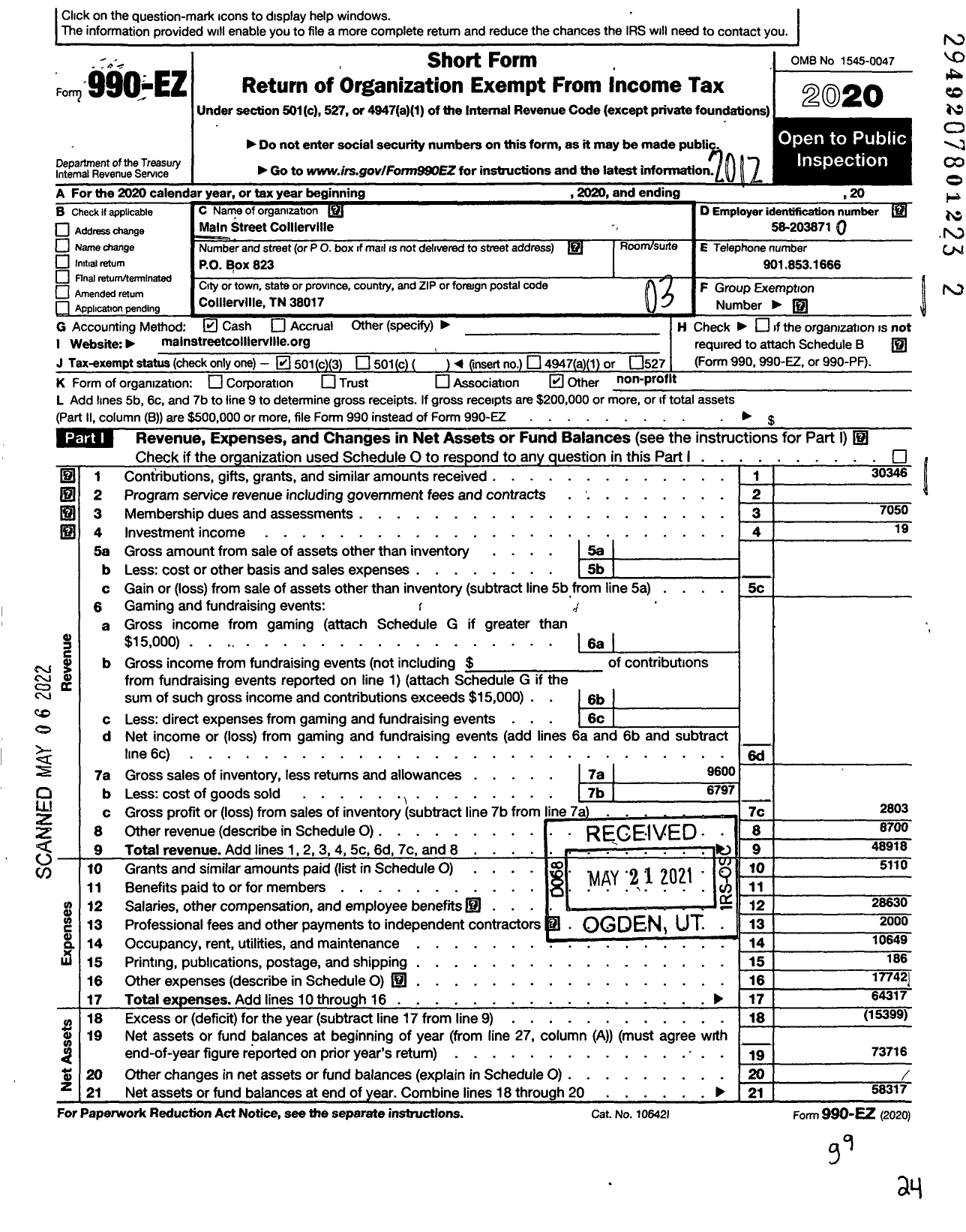 Image of first page of 2020 Form 990EZ for Main Street Collierville