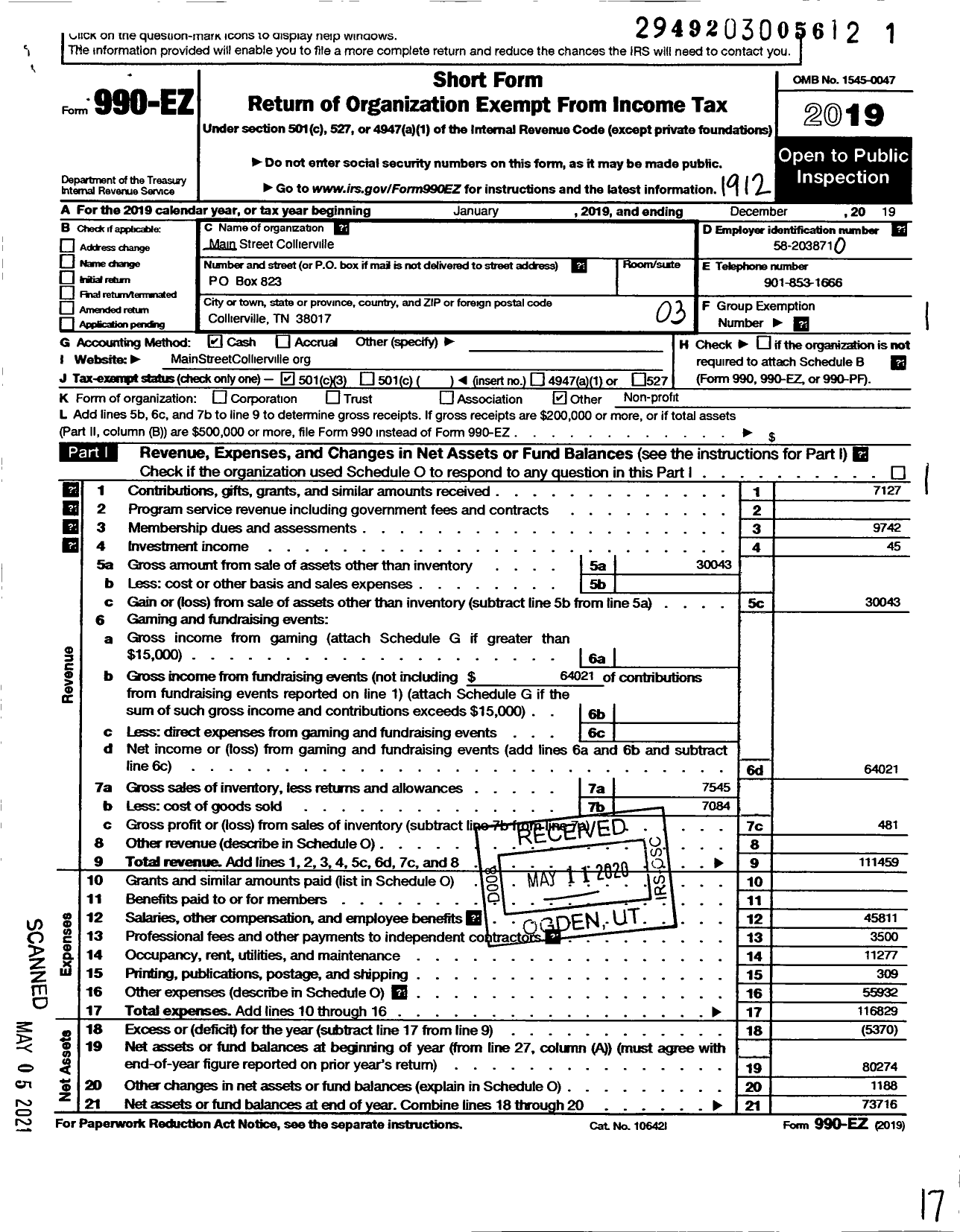 Image of first page of 2019 Form 990EZ for Main Street Collierville