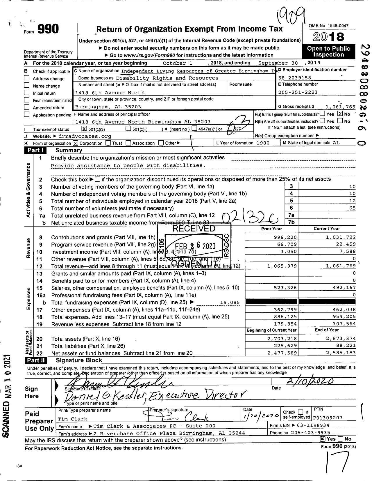 Image of first page of 2018 Form 990 for Disability Rights and Resource