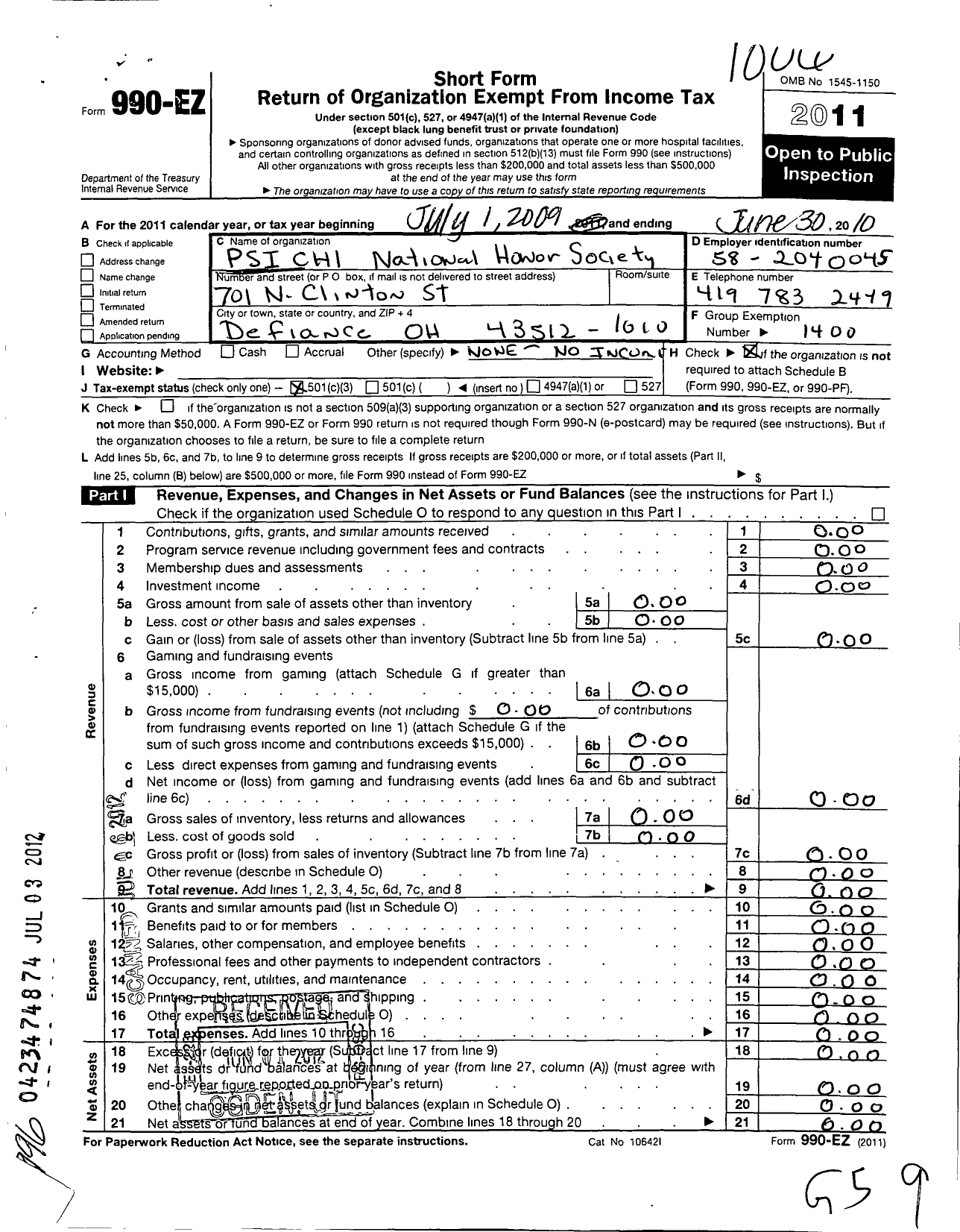 Image of first page of 2009 Form 990EZ for Psi Chi - Defiance College