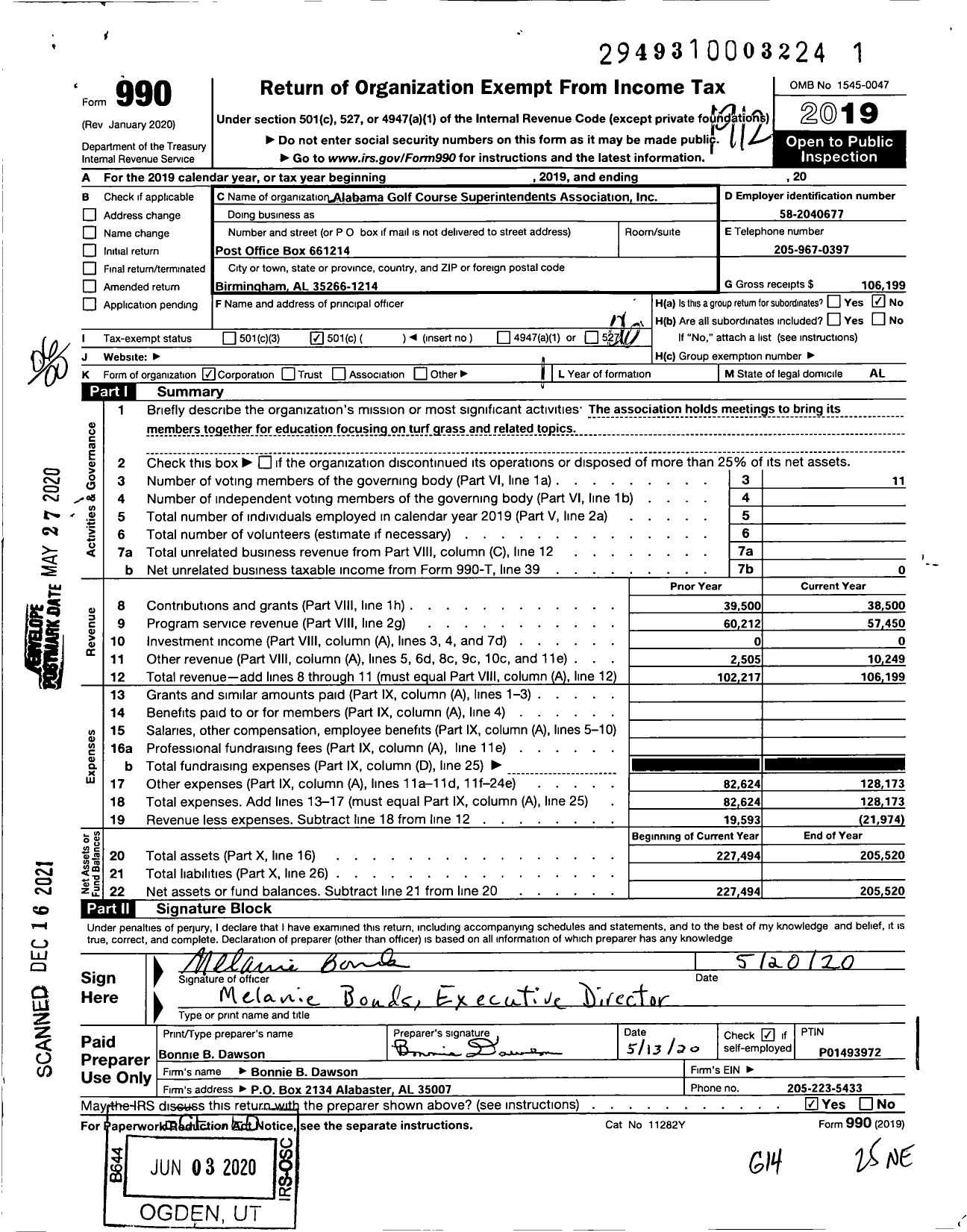 Image of first page of 2019 Form 990O for Alabama Golf Course Superintendents Association