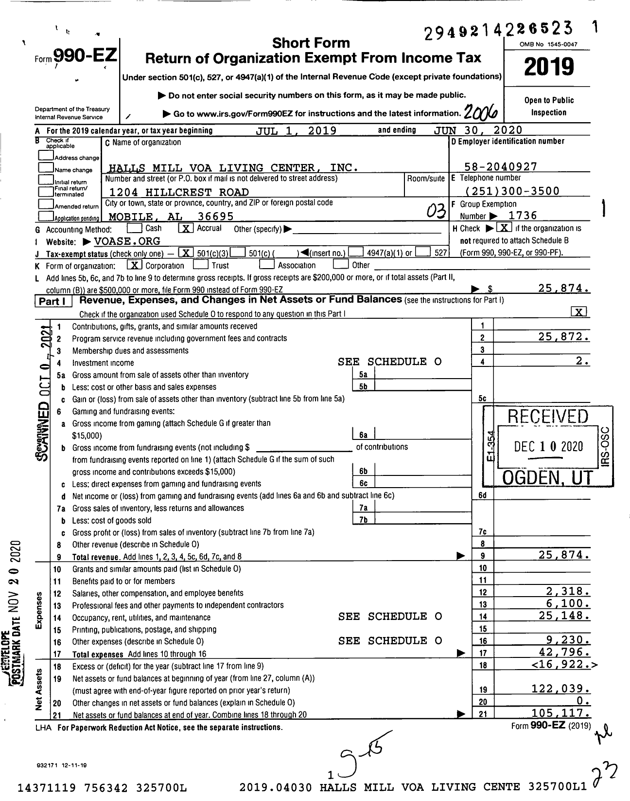 Image of first page of 2019 Form 990EZ for Volunteers of America - Halls Mill VOA Living Center
