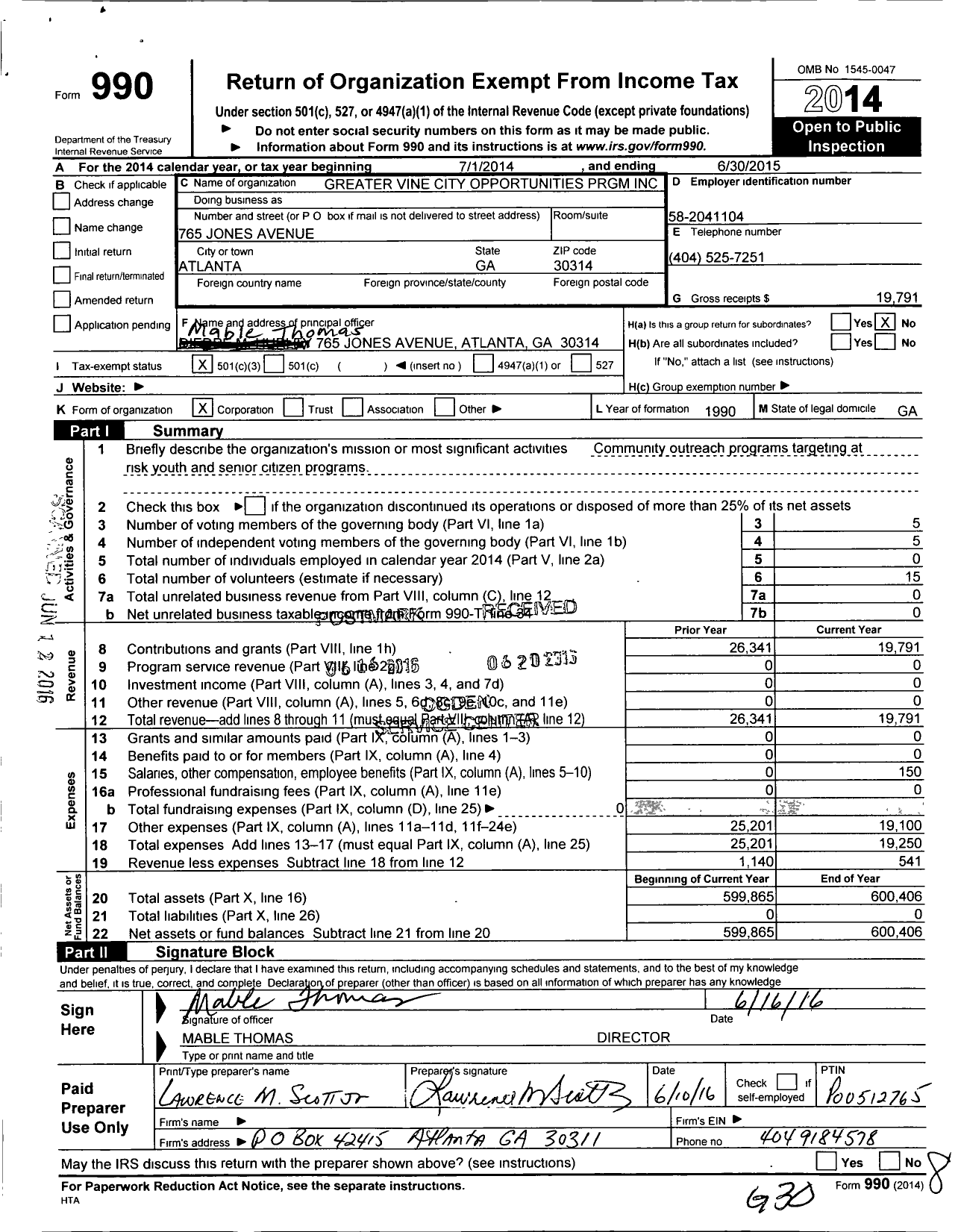 Image of first page of 2014 Form 990 for Greater Vine City Opportunity Program