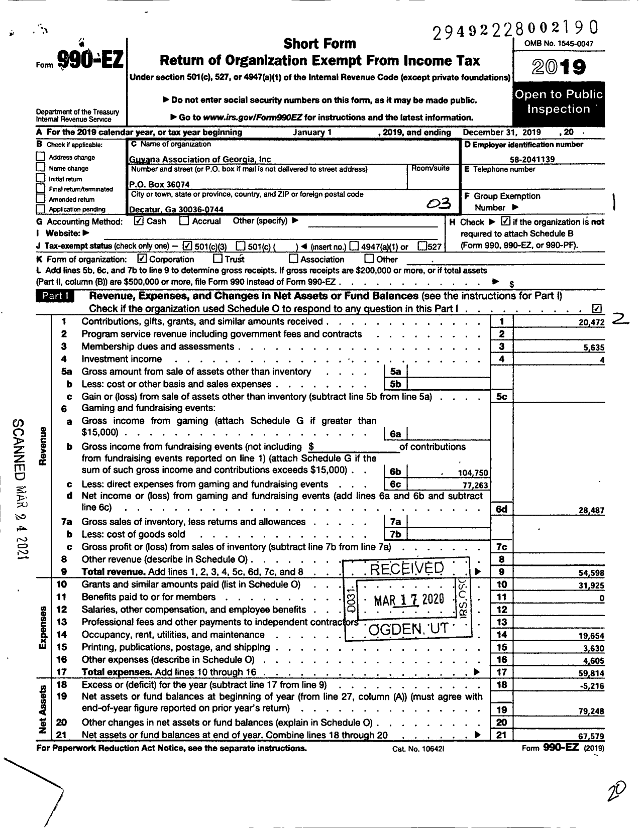 Image of first page of 2019 Form 990EZ for Guyana Association of Georgia