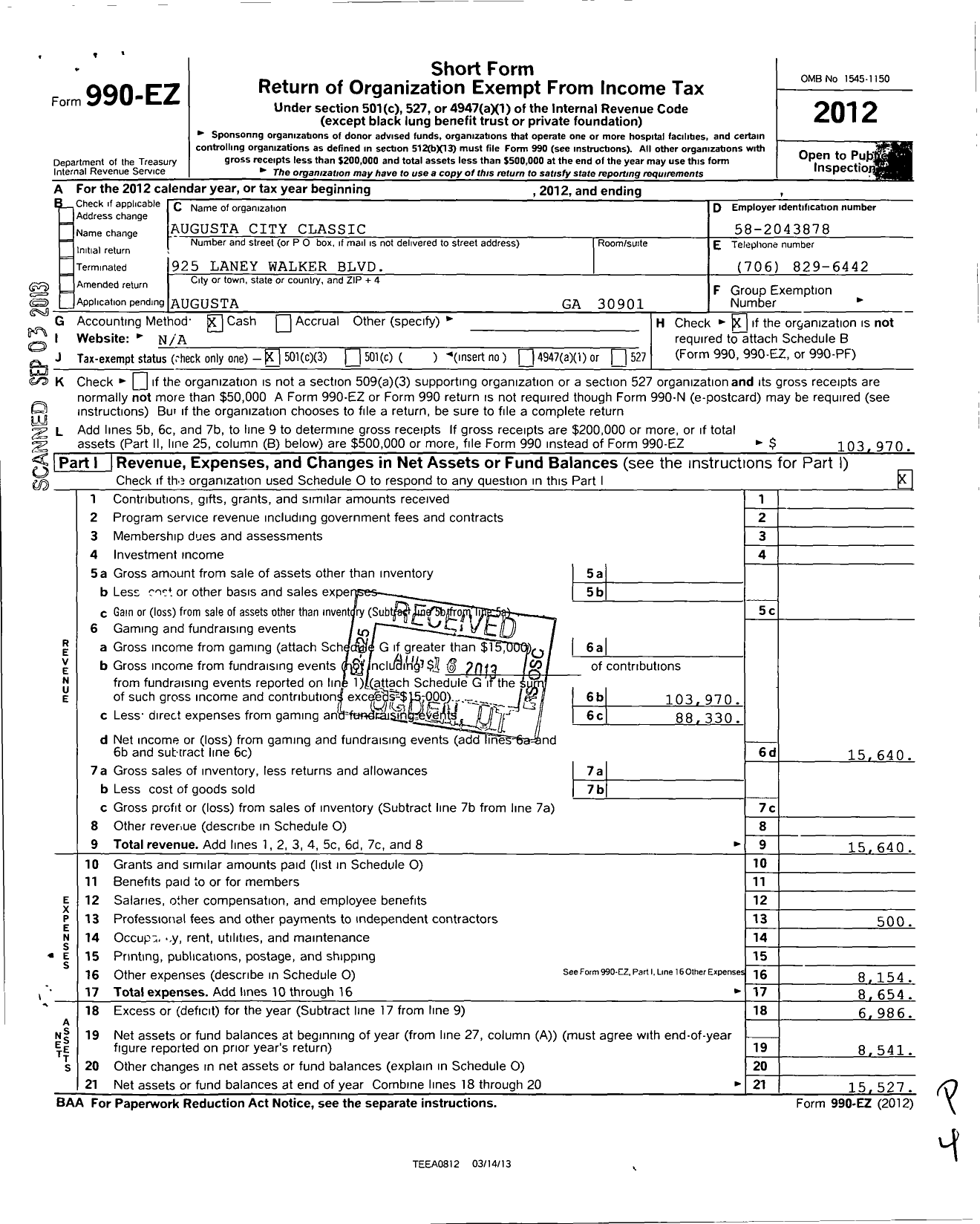 Image of first page of 2012 Form 990EZ for Augusta City Classic