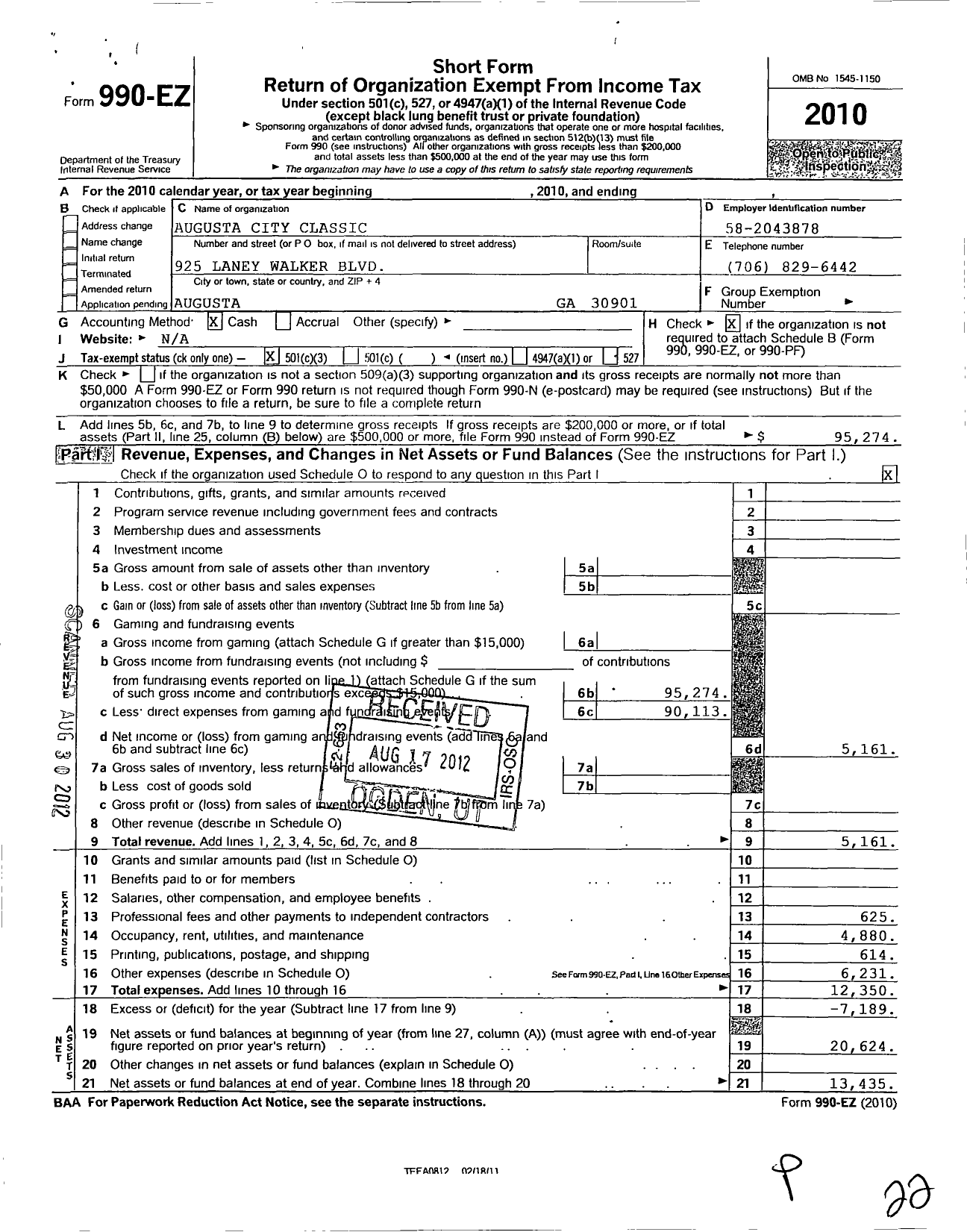 Image of first page of 2010 Form 990EZ for Augusta City Classic