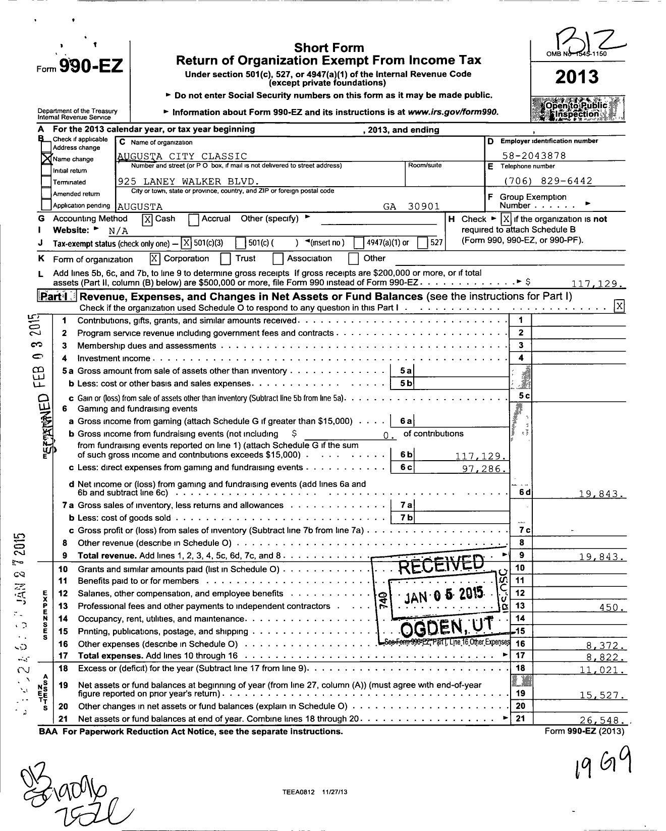 Image of first page of 2013 Form 990EZ for Augusta City Classic