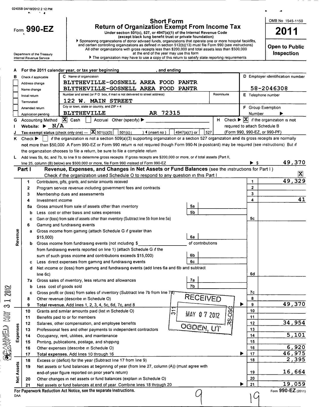 Image of first page of 2011 Form 990EZ for Blytheville Gosnell Area Food Pantry