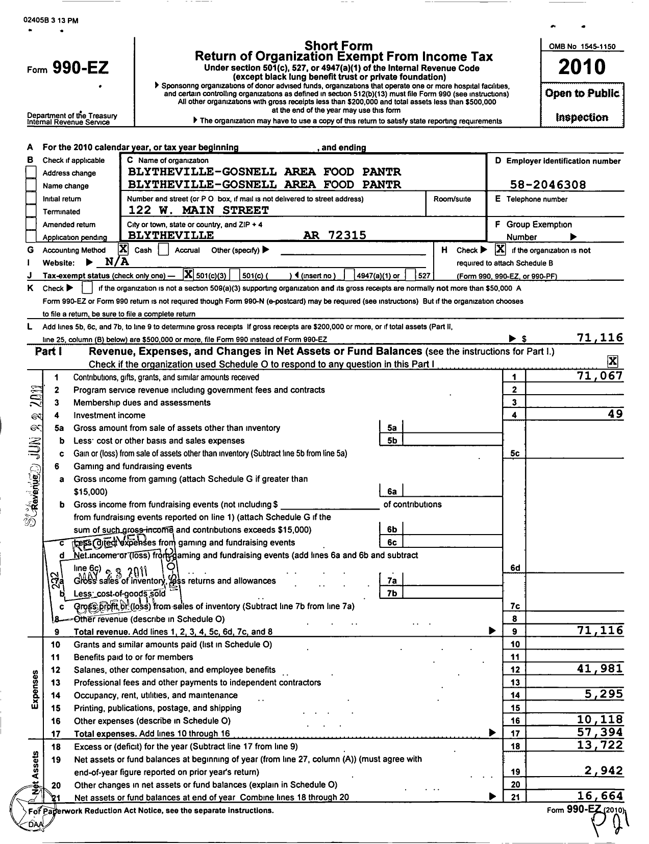 Image of first page of 2010 Form 990EZ for Blytheville Gosnell Area Food Pantry