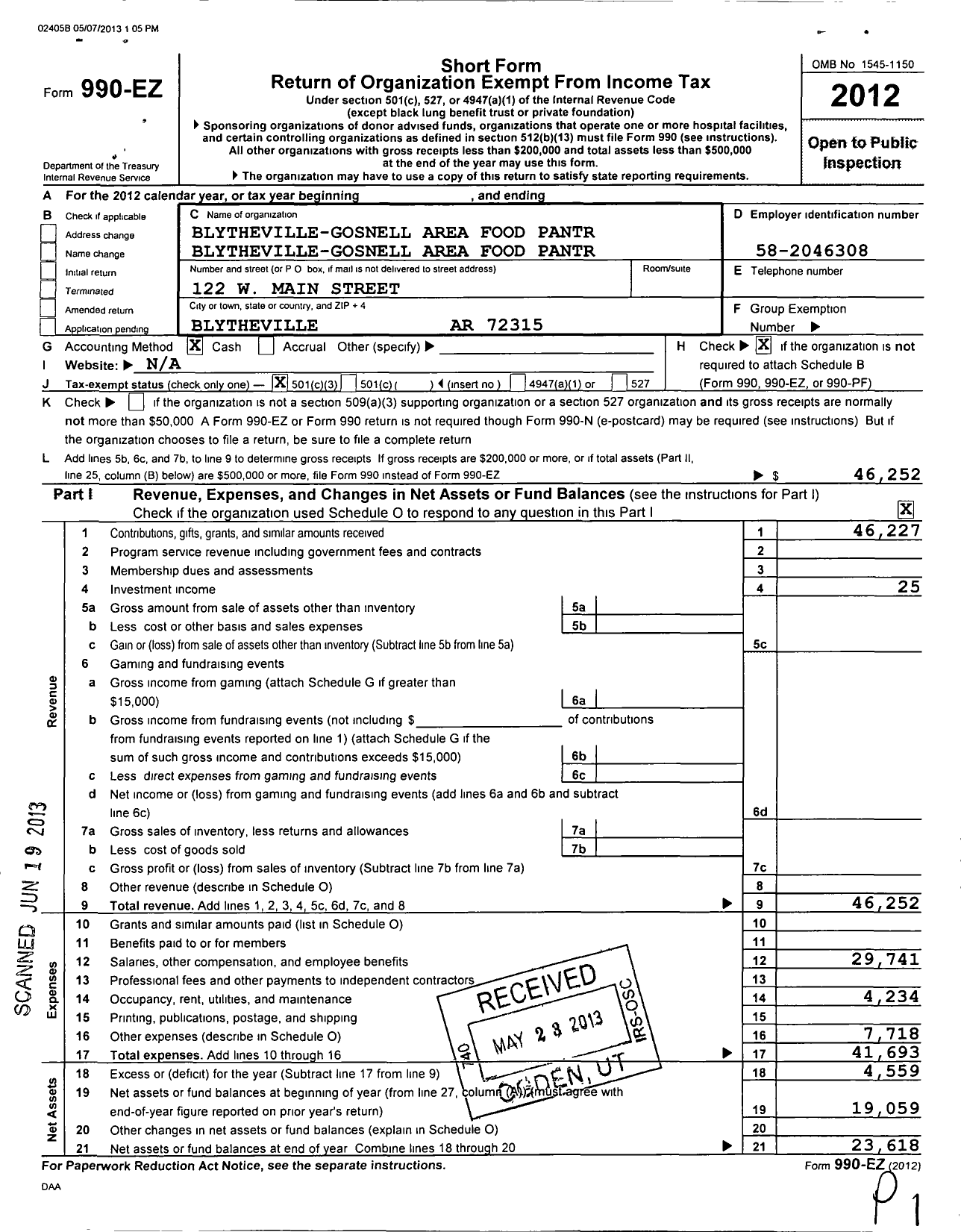 Image of first page of 2012 Form 990EZ for Blytheville Gosnell Area Food Pantry