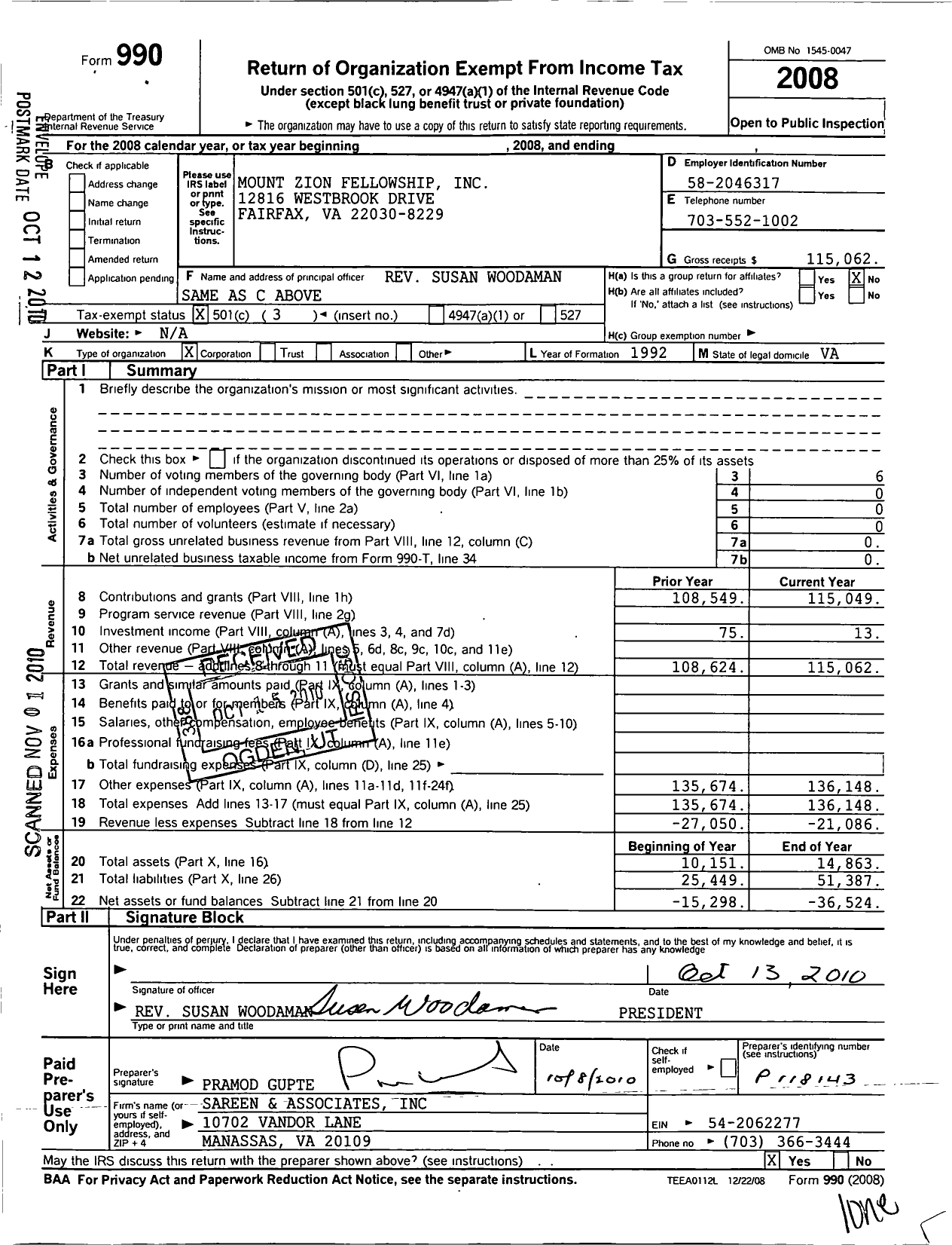 Image of first page of 2008 Form 990 for Mount Zion Fellowship