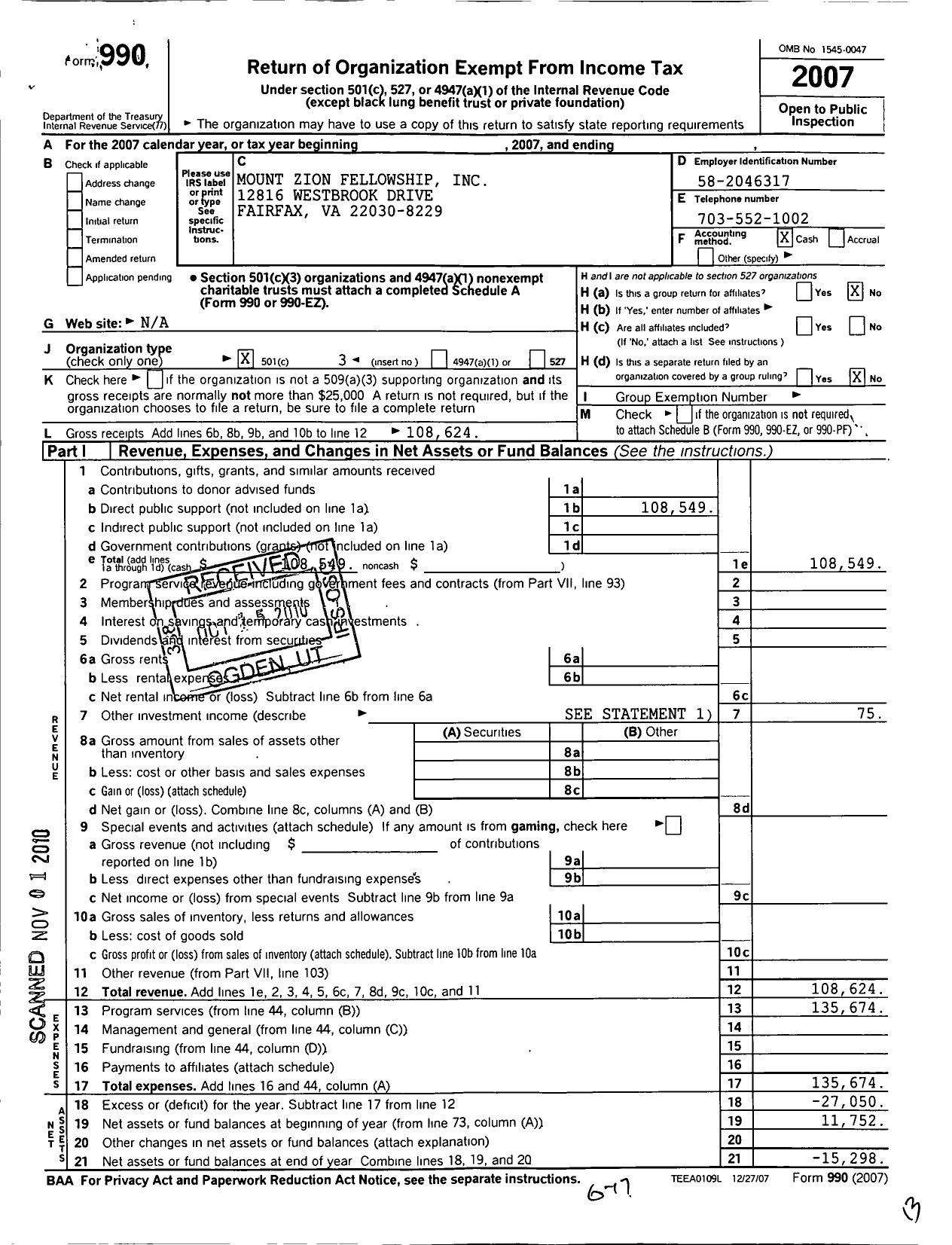 Image of first page of 2007 Form 990 for Mount Zion Fellowship