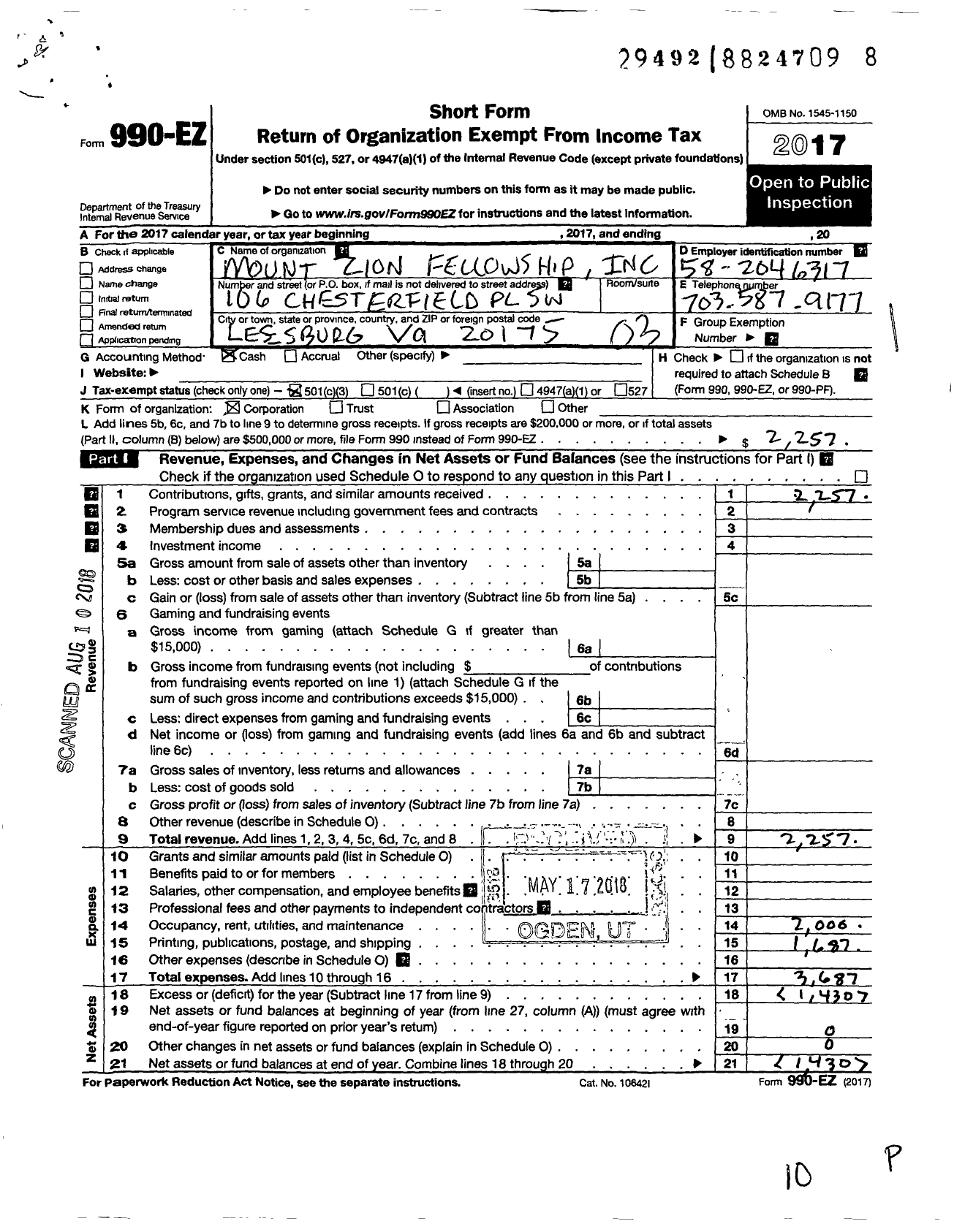 Image of first page of 2017 Form 990EZ for Mount Zion Fellowship