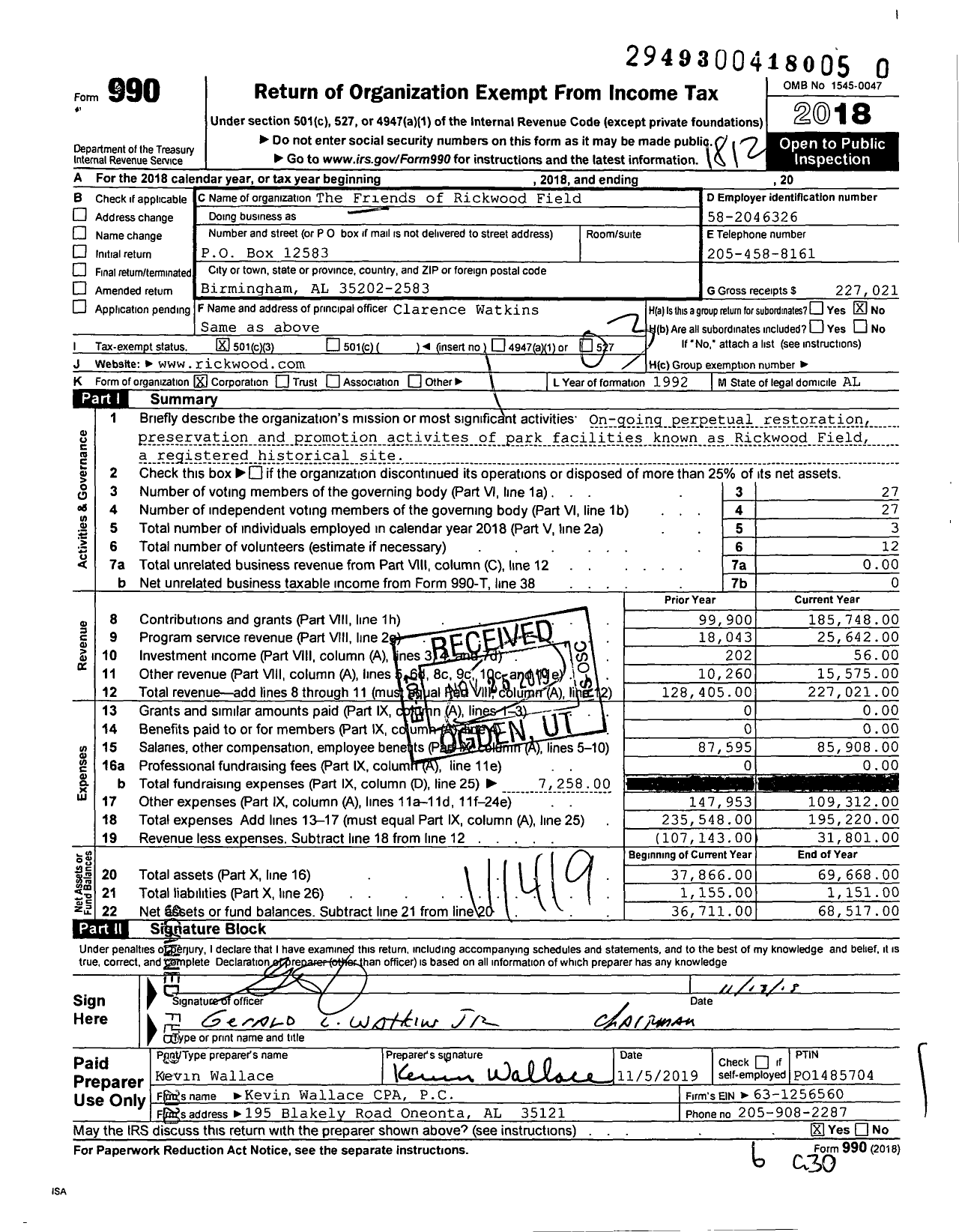 Image of first page of 2018 Form 990 for The Friends of Rickwood Field