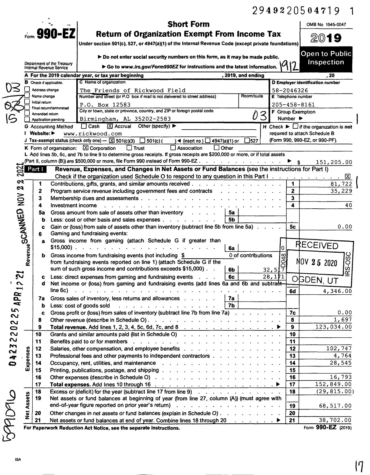 Image of first page of 2019 Form 990EZ for The Friends of Rickwood Field